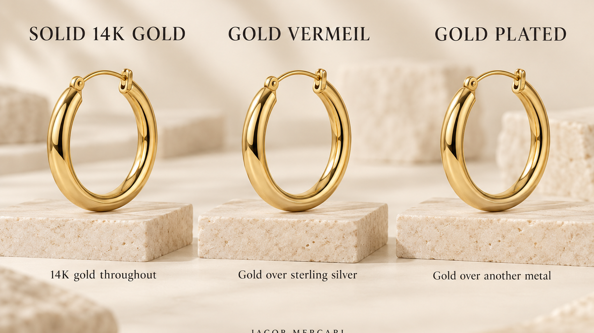 Solid 14K gold, gold vermeil and gold-plated hoop earrings illustrating their different metal compositions — Jacob Mercari.