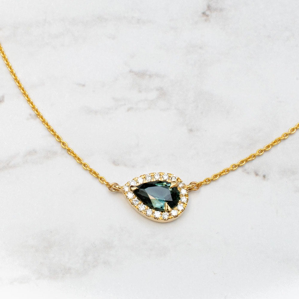 Jacob Mercari Pear cut teal sapphire necklace in 14K yellow gold