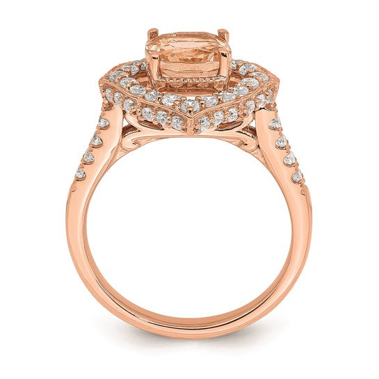 Jacob Mercari Vintage Style 14k Rose Gold Halo 7.00mm Cushion-cut Morganite and 3/4CT Diamond Engagement Ring