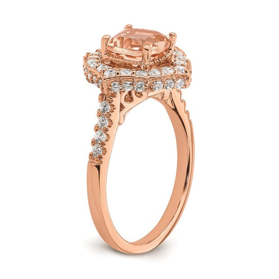 Jacob Mercari Vintage Style 14k Rose Gold Halo 7.00mm Cushion-cut Morganite and 3/4CT Diamond Engagement Ring