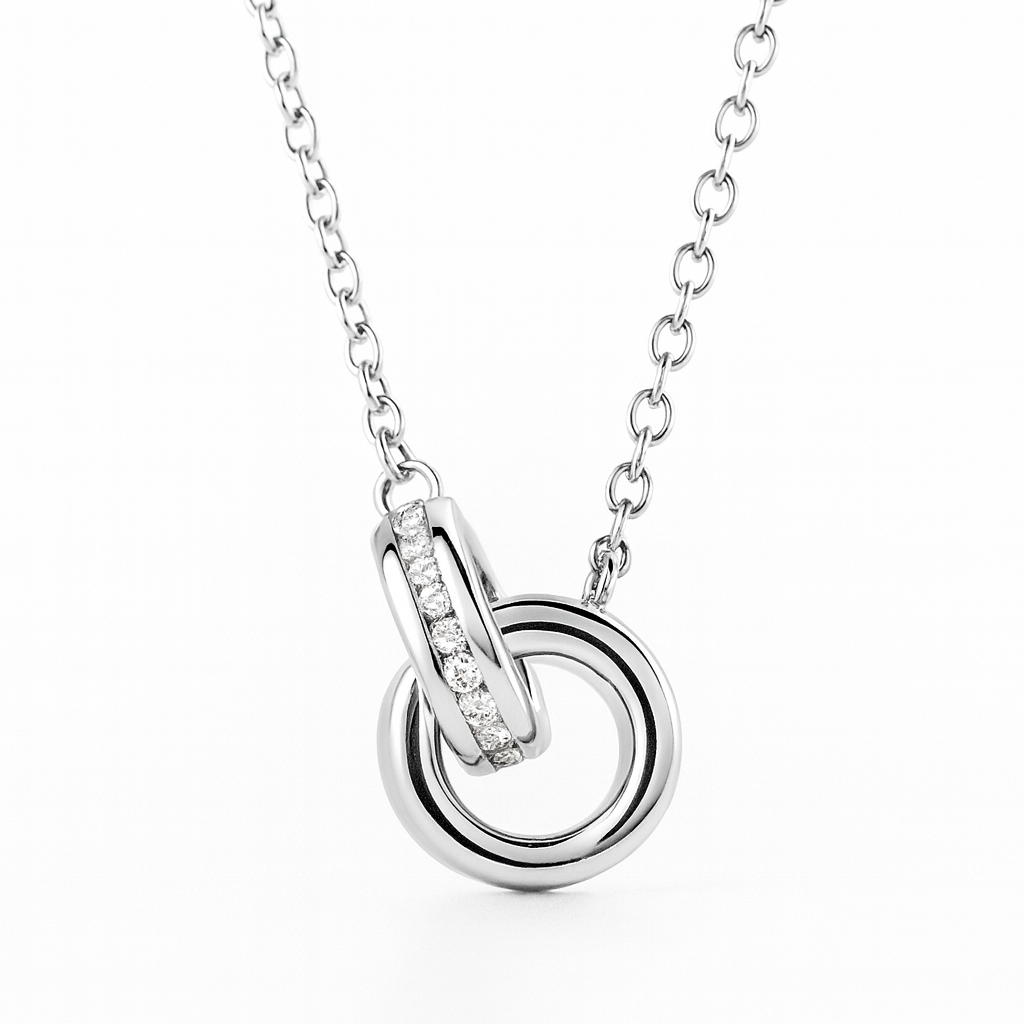 14K White Gold Natural Diamond Interlocking Circle Necklace