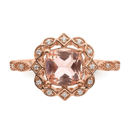 Jacob Mercari Vintage Style 14K Rose Gold Halo cushion-cut Morganite 1/15 CT Diamond Engagement Ring