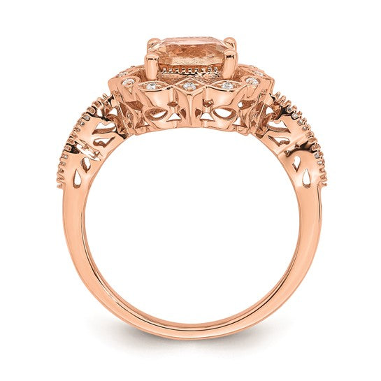 Jacob Mercari Vintage Style 14K Rose Gold Halo cushion-cut Morganite 1/15 CT Diamond Engagement Ring