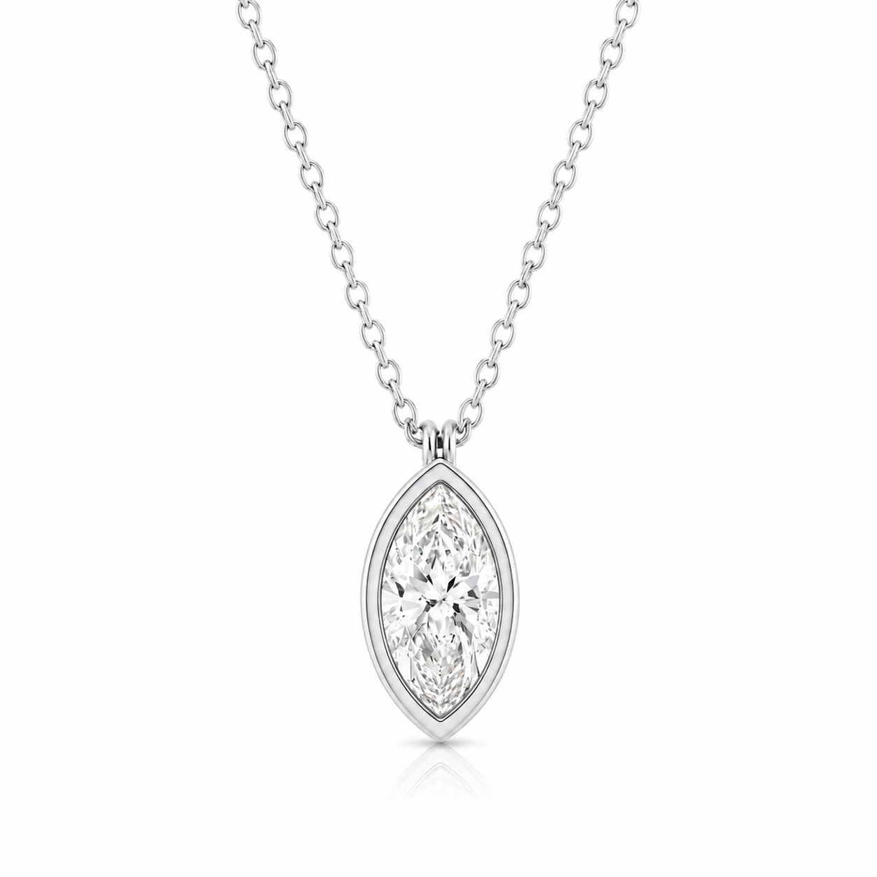 14K White Gold Marquise Cut Lab-Grown Diamond Bezel Solitaire Necklace