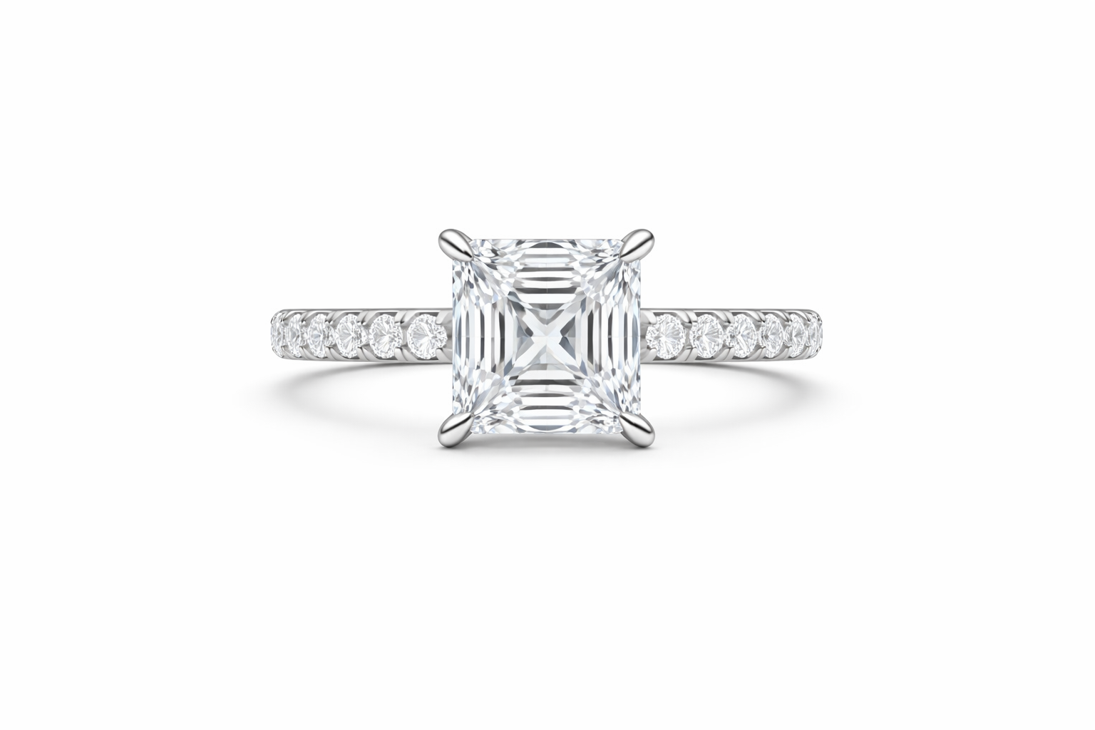 Jacob Mercari 14K White Gold Lab-Grown Diamond Engagement Ring: Asscher Cut diamond pavé band.