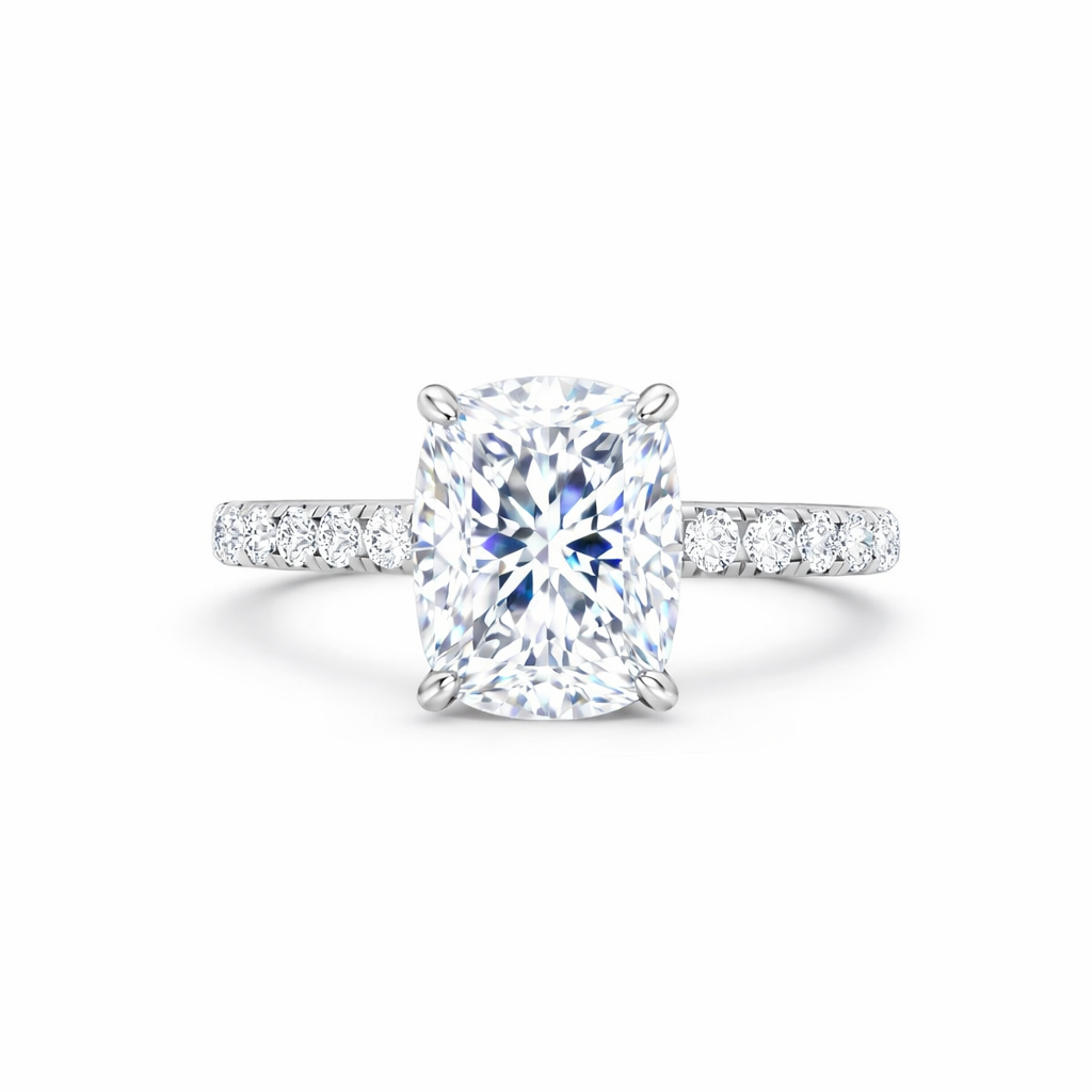 Jacob Mercari 14K White Gold Lab-Grown Diamond Engagement Ring: Cushion Cut diamond pavé band.