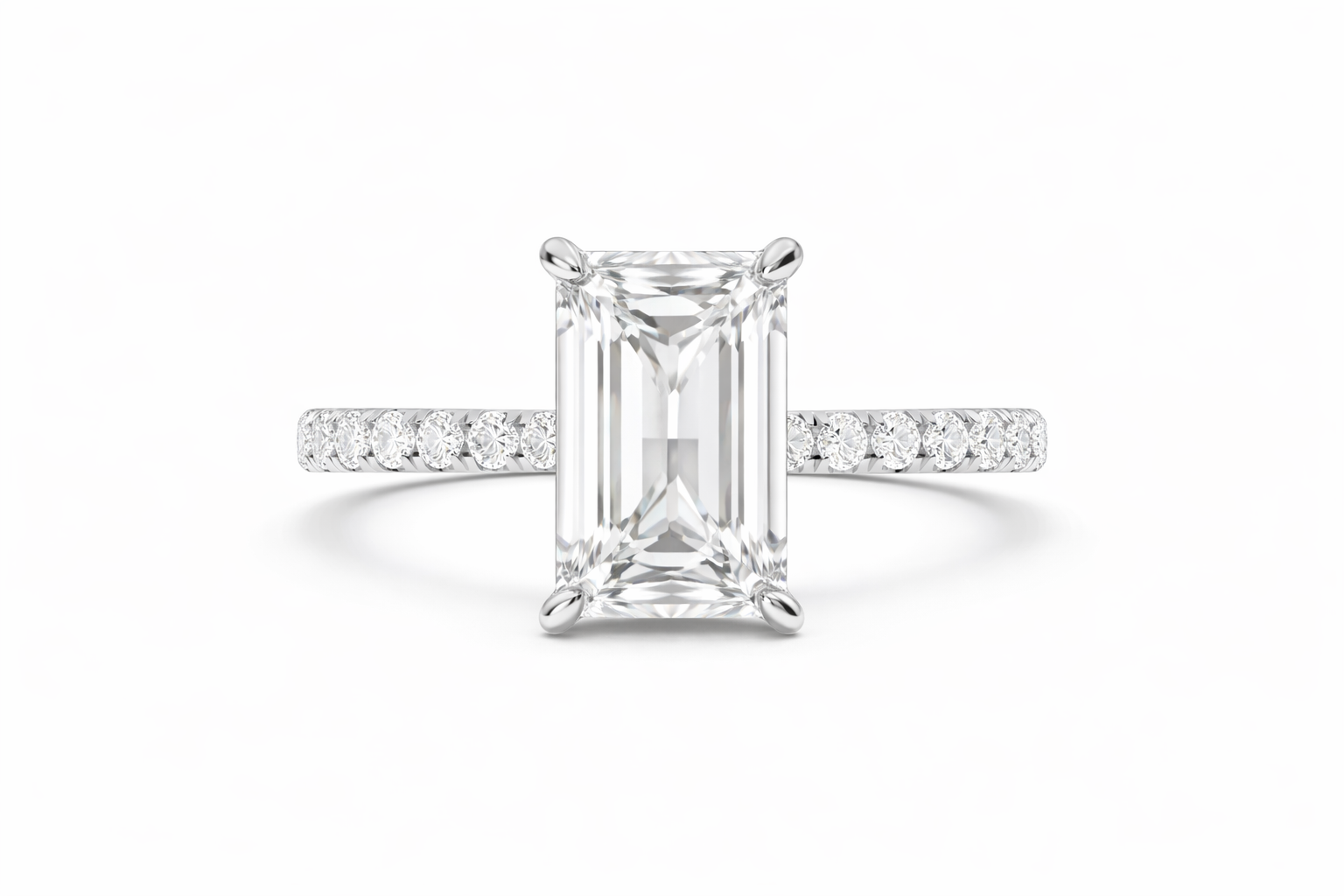 Jacob Mercari 14K White Gold Lab-Grown Diamond Engagement Ring: Emerald Cut diamond pavé band.