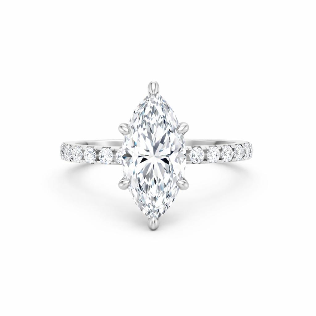 Jacob Mercari 14K White Gold Lab-Grown Diamond Engagement Ring: Marquise Cut diamond pavé band.