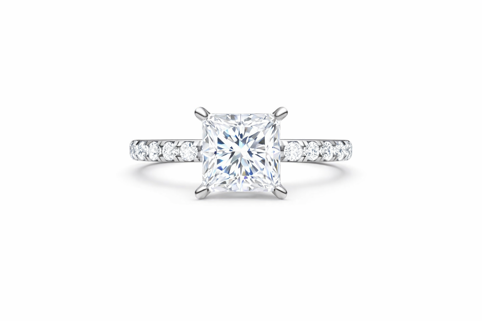 Jacob Mercari 14K White Gold Lab-Grown Diamond Engagement Ring: Princess Cut diamond pavé band.