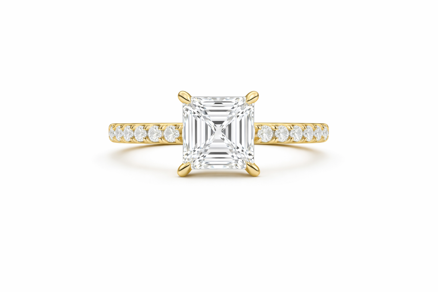 Jacob Mercari 14K Yellow Gold Lab-Grown Diamond Engagement Ring: Asscher Cut diamond pavé band.