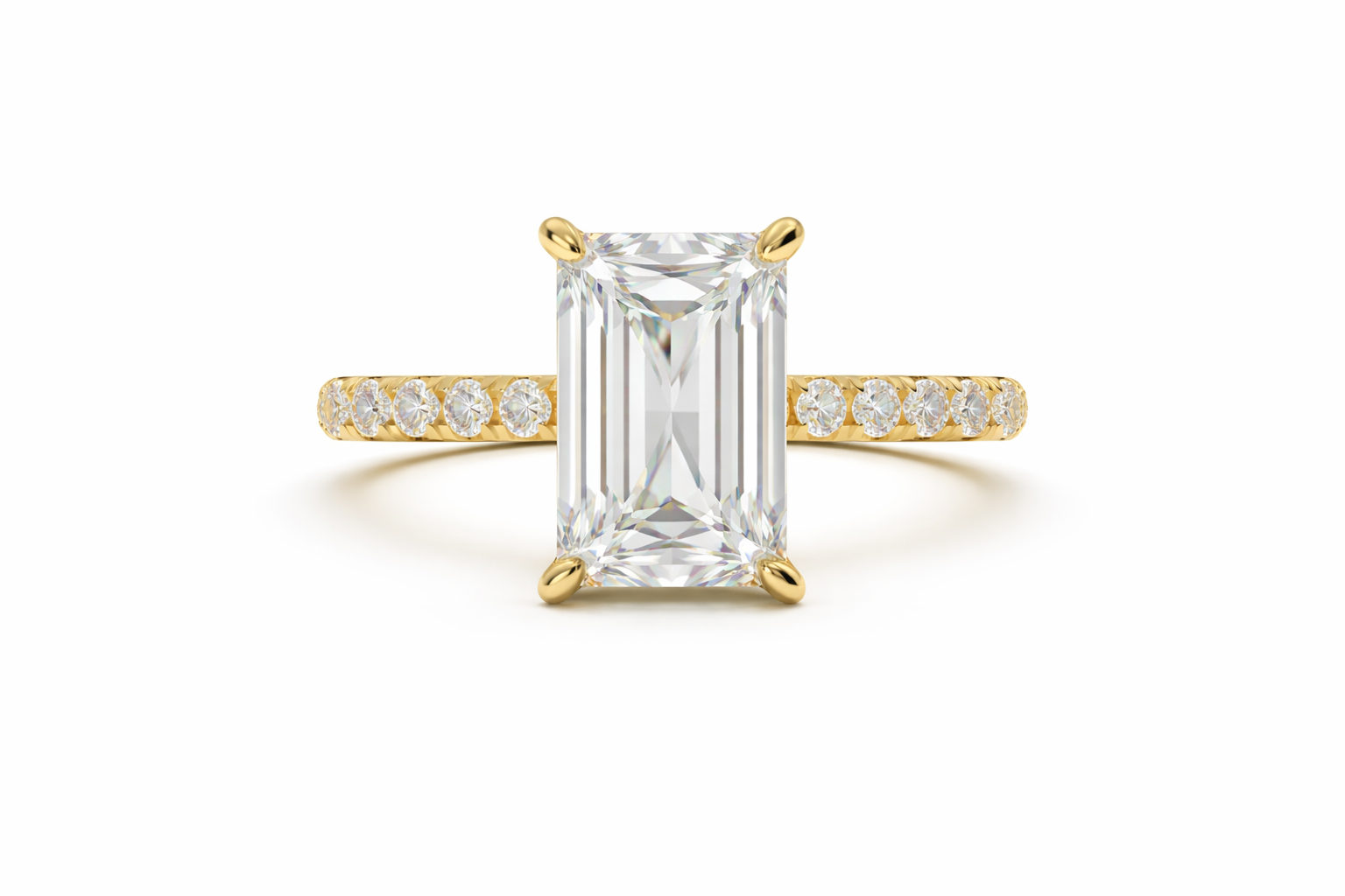 Jacob Mercari 14K Yellow Gold Lab-Grown Diamond Engagement Ring: Emerald Cut diamond pavé band.