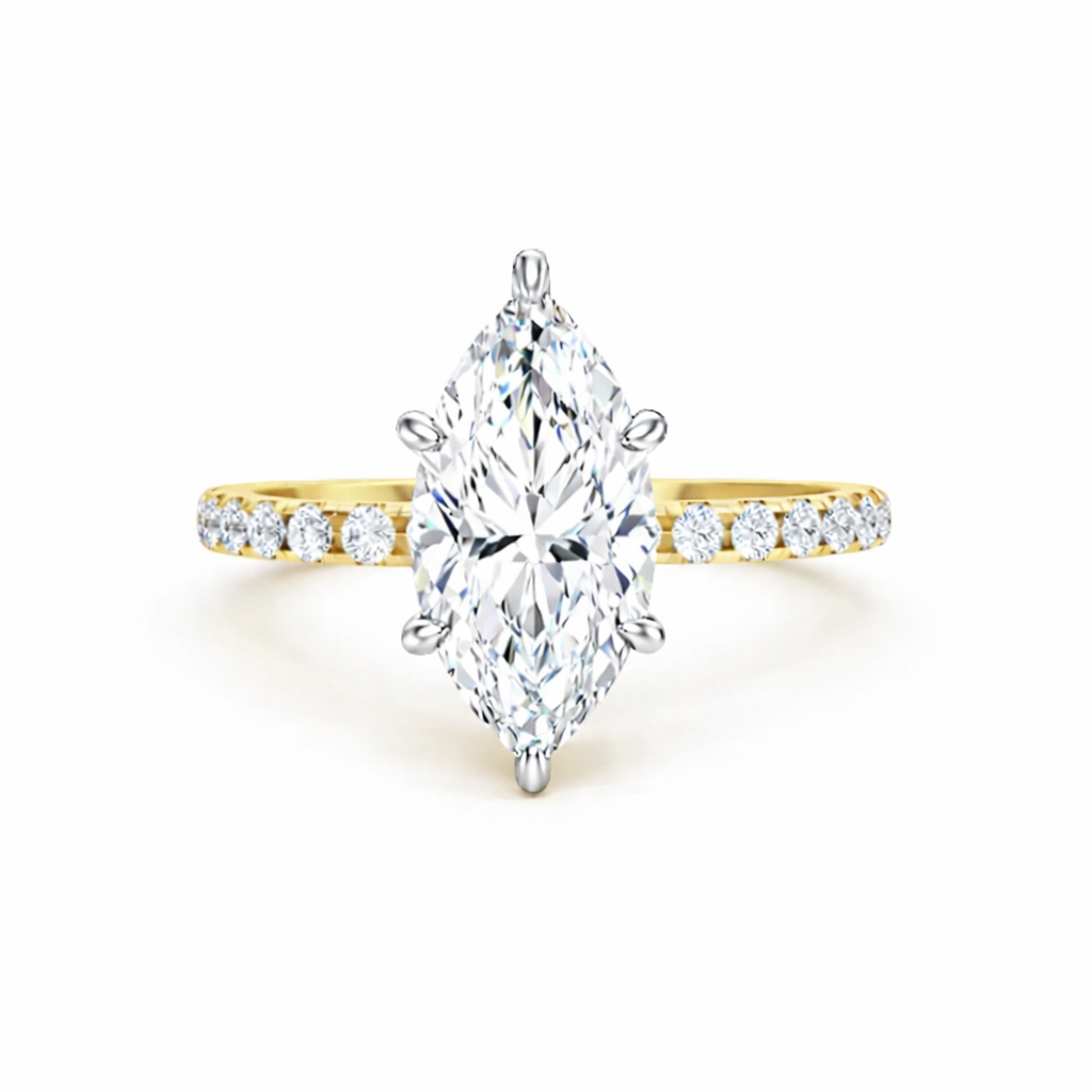 Jacob Mercari 14K Yellow Gold Lab-Grown Diamond Engagement Ring: Marquise Cut diamond pavé band with 14K White Gold Basket.
