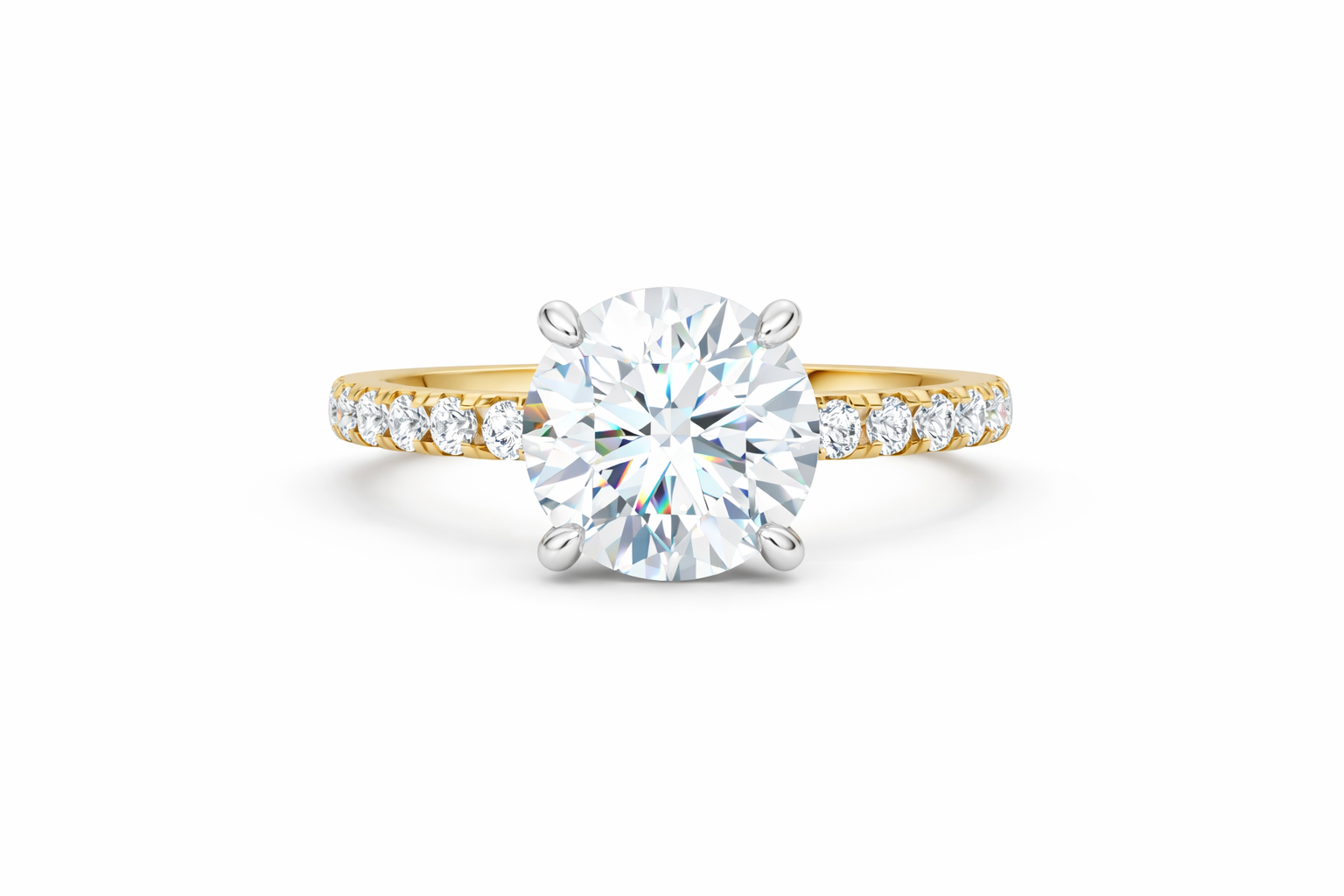 Jacob Mercari 14K Yellow Gold Lab-Grown Diamond Engagement Ring: Round Cut diamond pavé band with 14K White Gold Basket.