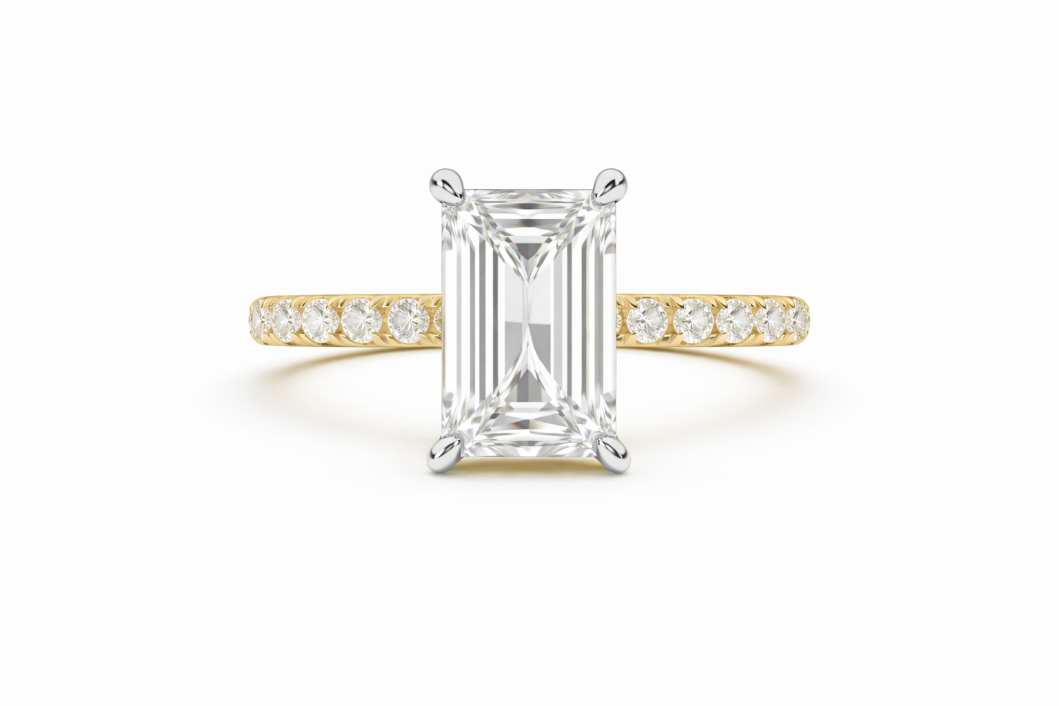 Jacob Mercari 14K Yellow Gold Lab-Grown Diamond Engagement Ring: Emerald Cut diamond pavé band with 14K White Gold Basket.