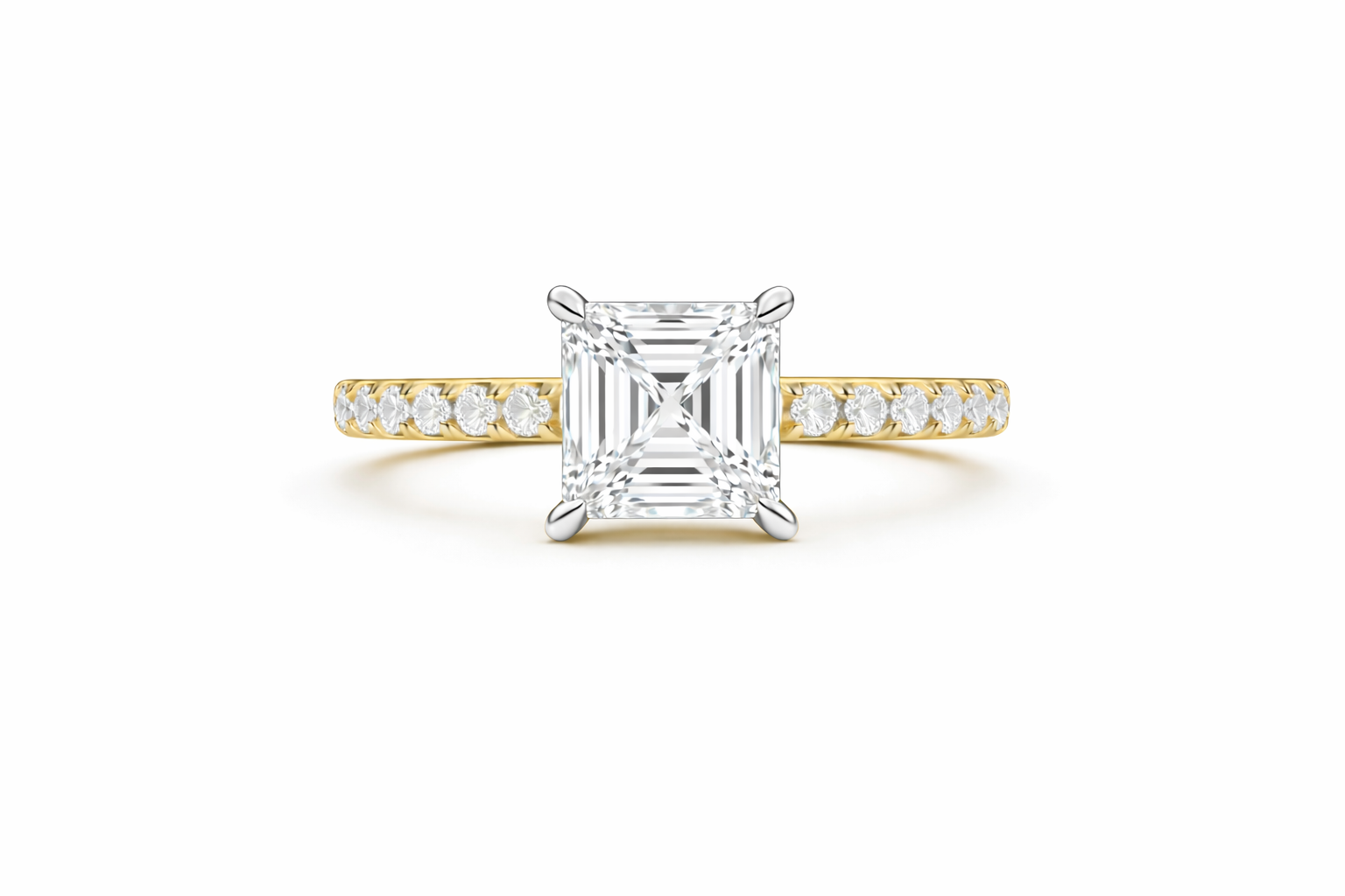 Jacob Mercari 14K Yellow Gold Lab-Grown Diamond Engagement Ring: Asscher Cut diamond pavé band with a 14K White Gold Basket.