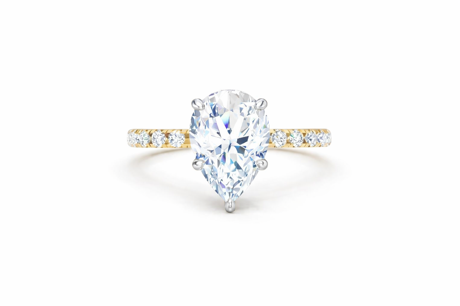 Jacob Mercari 14K Yellow Gold Lab-Grown Diamond Engagement Ring: Pear Cut diamond pavé band with 14K White Gold Basket.