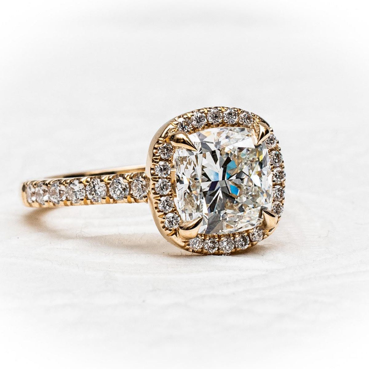 Jacob Mercari Custom Cushion cut Diamond halo engagement ring in 14K Yellow Gold