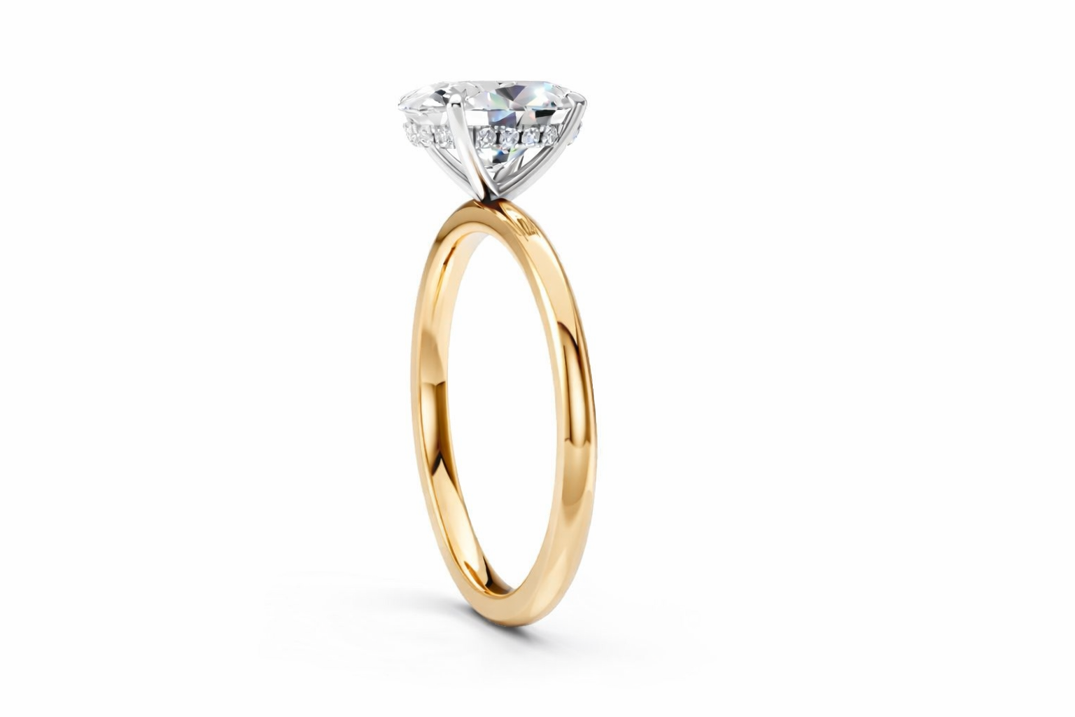 Jacob Mercari 14K Yellow Gold Lab-Grown Diamond Hidden Halo Engagement Ring: Round Cut diamond with 14K White Gold Basket.