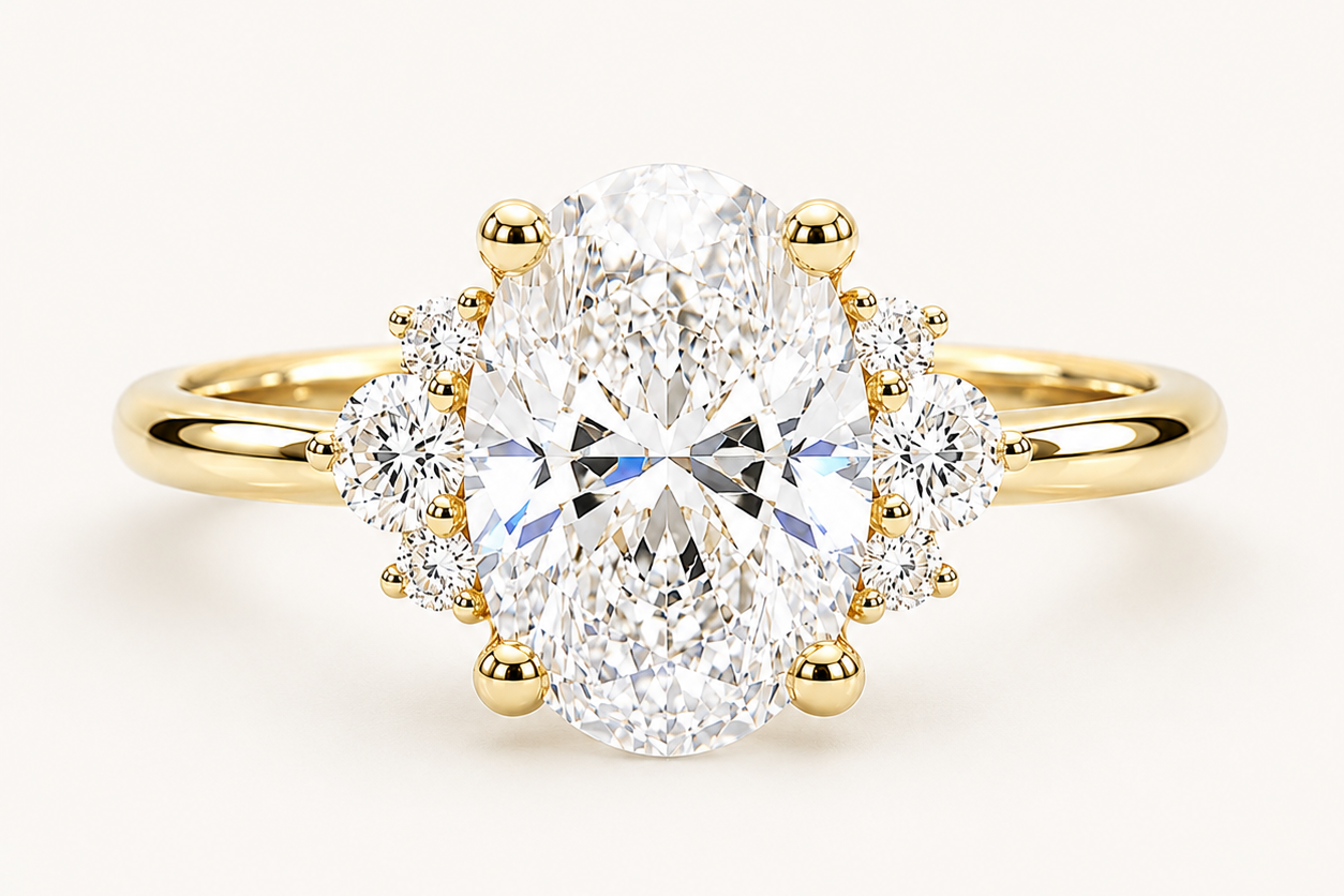 Jacob Mercari Custom 14K Yellow Gold Oval Cut Diamond Engagement Ring with Side Stones