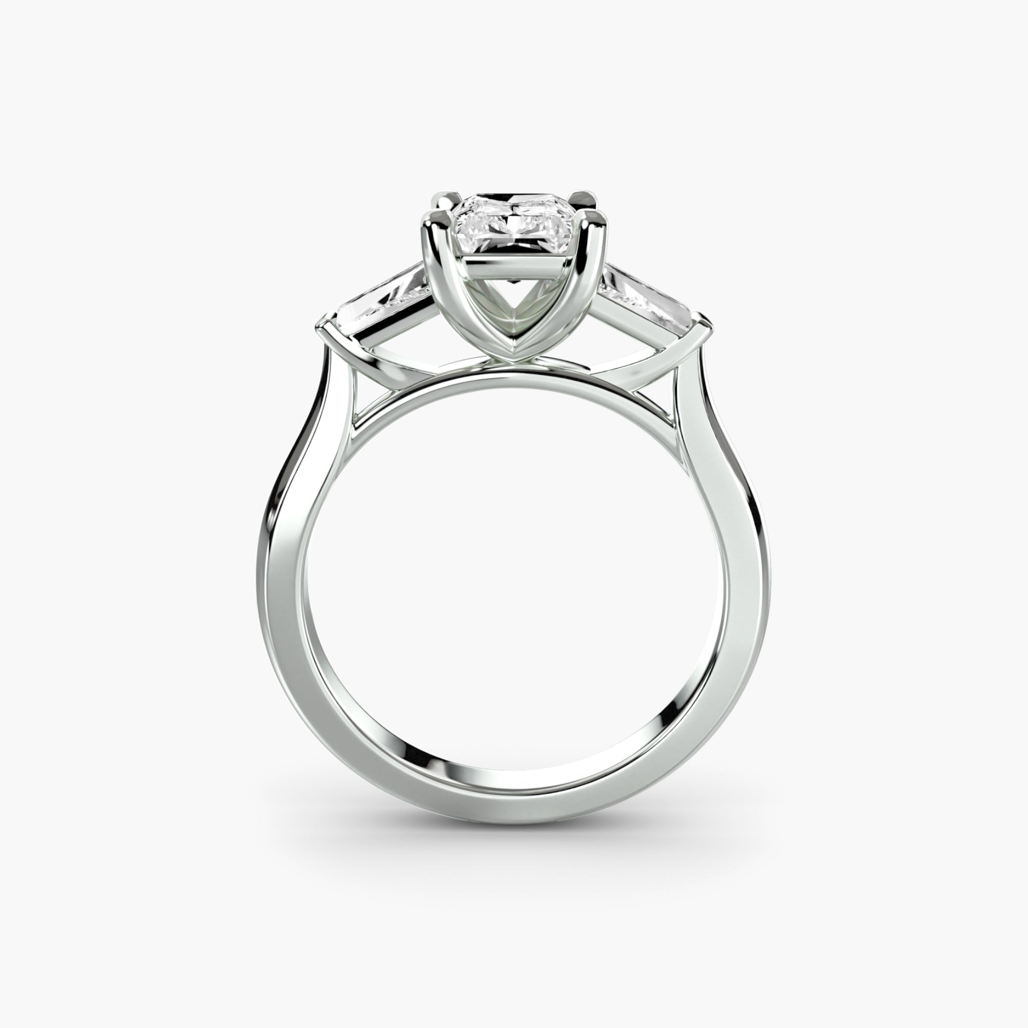 14K white gold baguette trilogy lab-grown diamond engagement ring setting side view.