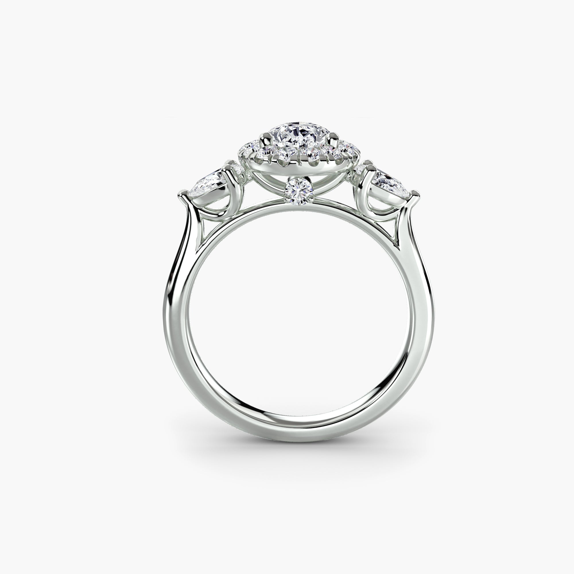 14K White Gold Eternal Halo Trilogy Engagement Ring Setting with Lab-Grown Diamond Band Side View