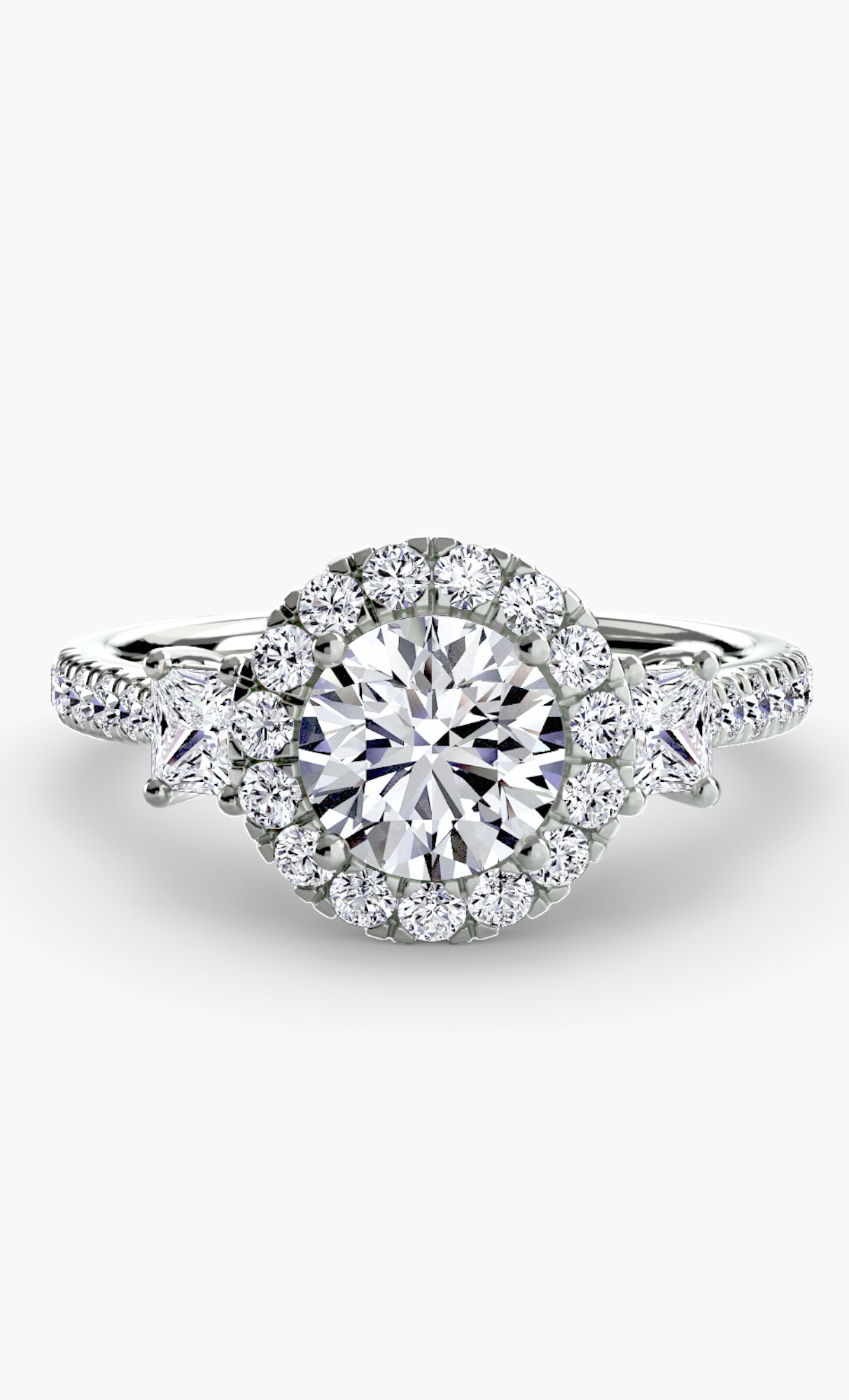 14K White Gold Haloed Trilogy Engagement Ring Setting with Lab-Grown Diamond Band