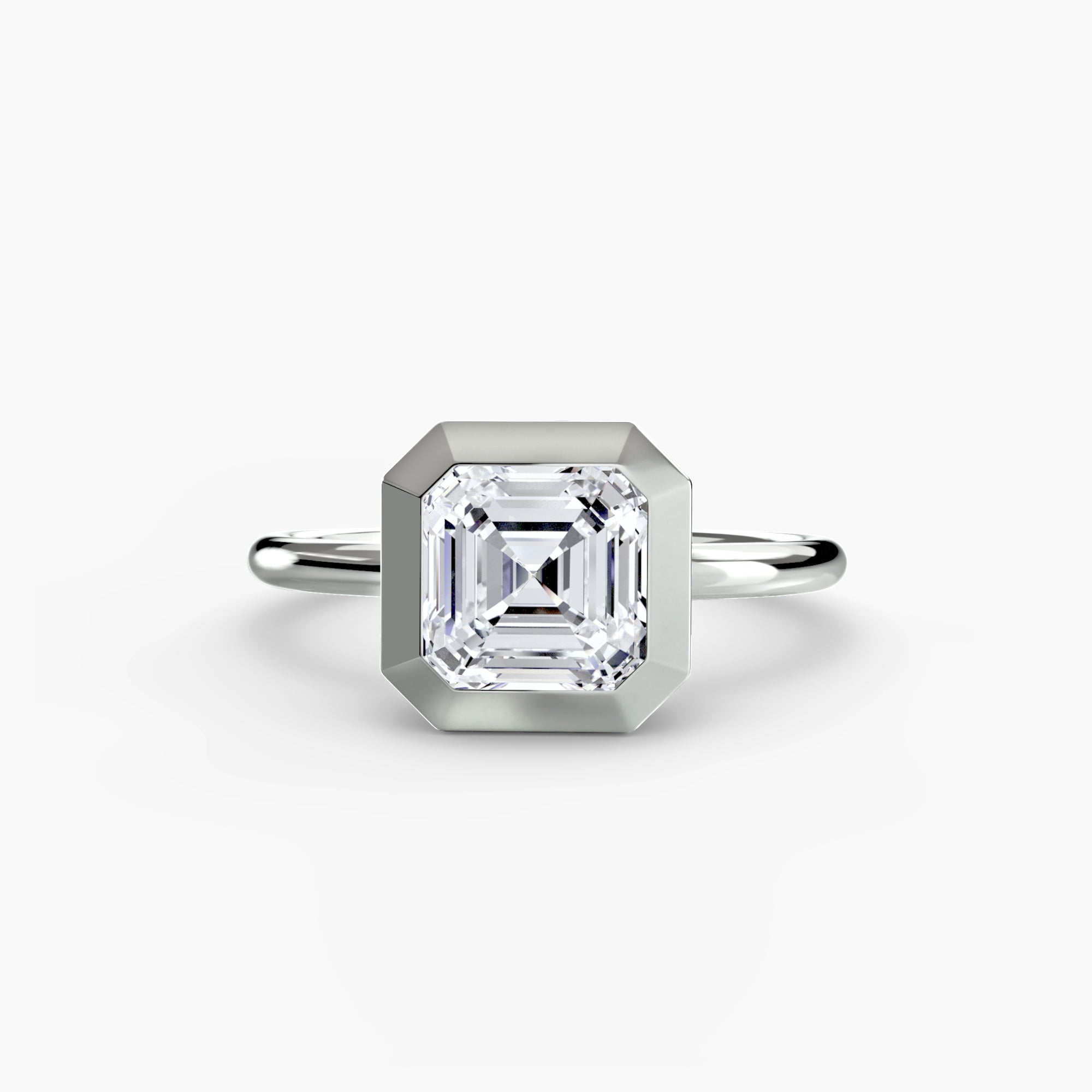 Jacob Mercari 14K White Gold Lab Grown Diamond Engagement Ring: Asscher cut Solitaire Diamond with a Bezel Setting.