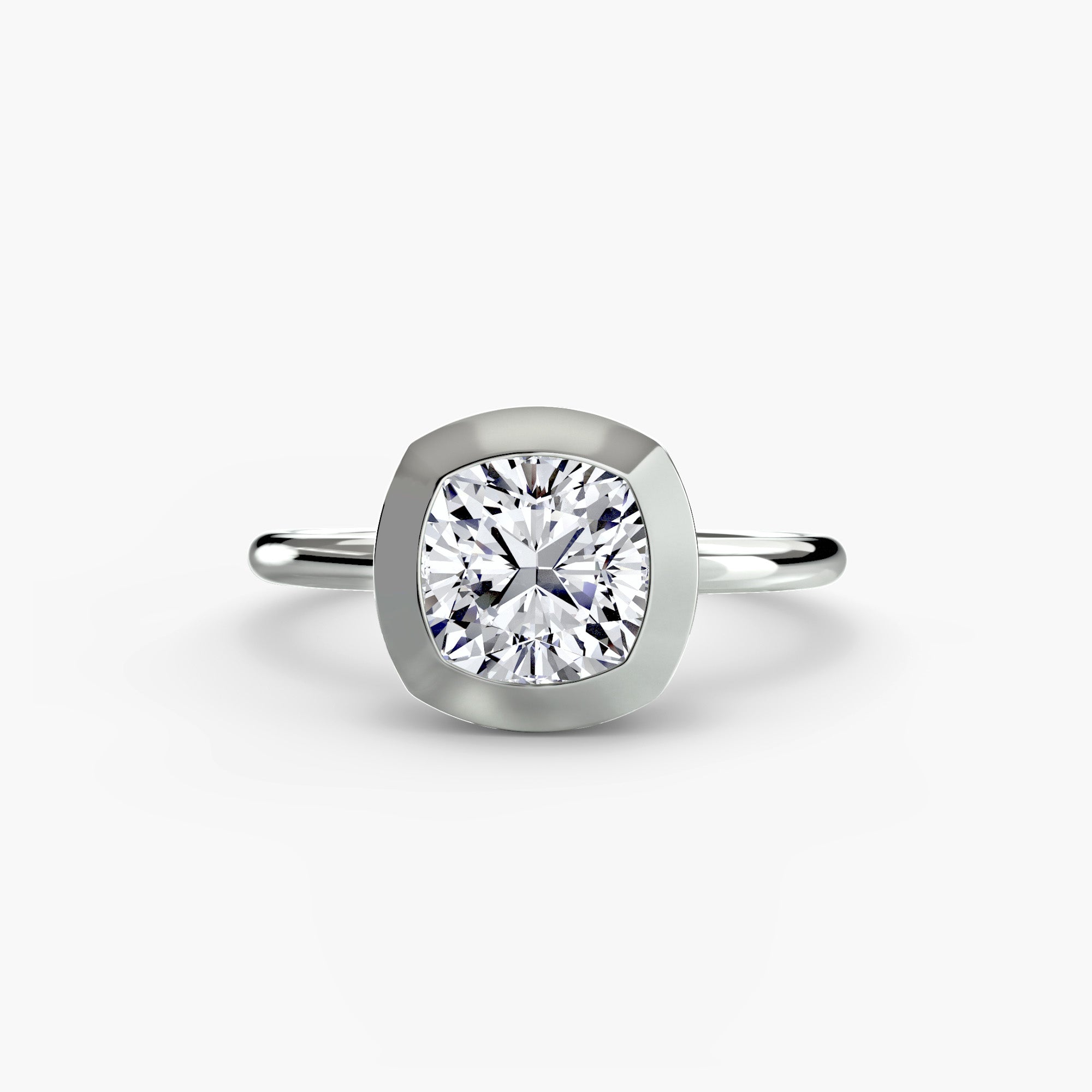 Jacob Mercari 14K White Gold Lab Grown Diamond Engagement Ring: Cushion cut Solitaire Diamond with a Bezel Setting.