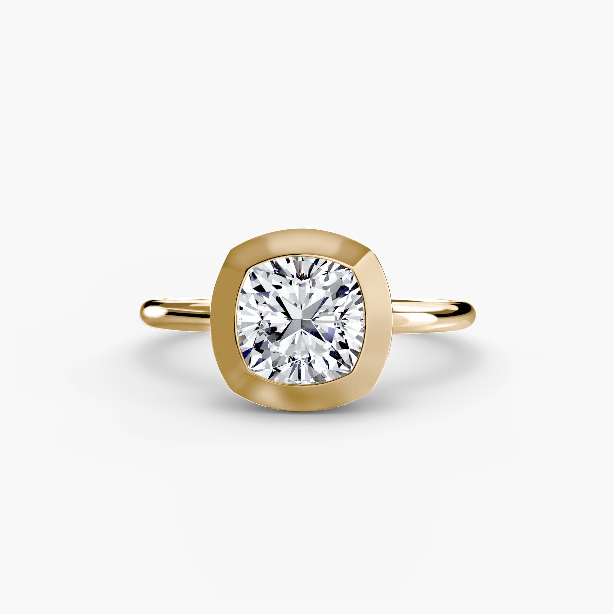 Jacob Mercari 14K Yellow Gold Lab Grown Diamond Engagement Ring: Cushion cut Solitaire Diamond with a Bezel Setting.