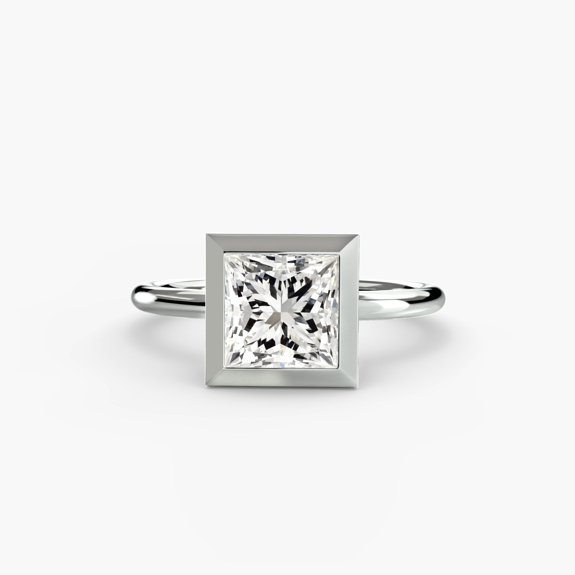 Jacob Mercari 14K White Gold Lab Grown Diamond Engagement Ring: Princess cut Solitaire Diamond with a Bezel Setting.