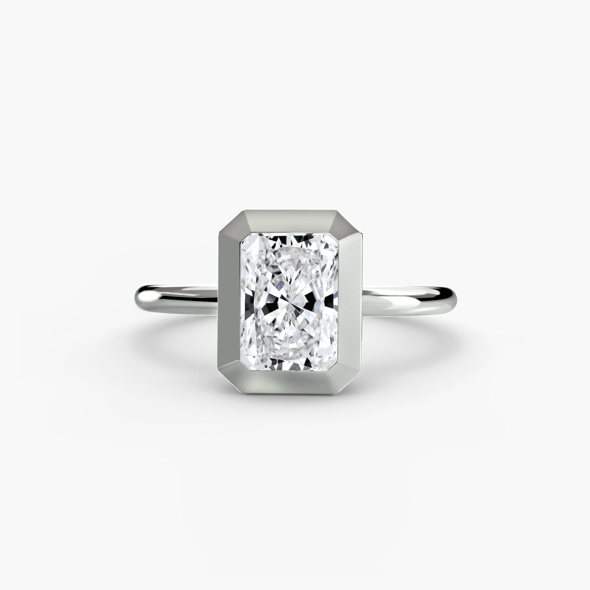 Jacob Mercari 14K White Gold Lab Grown Diamond Engagement Ring: Radiant cut Solitaire Diamond with a Bezel Setting.