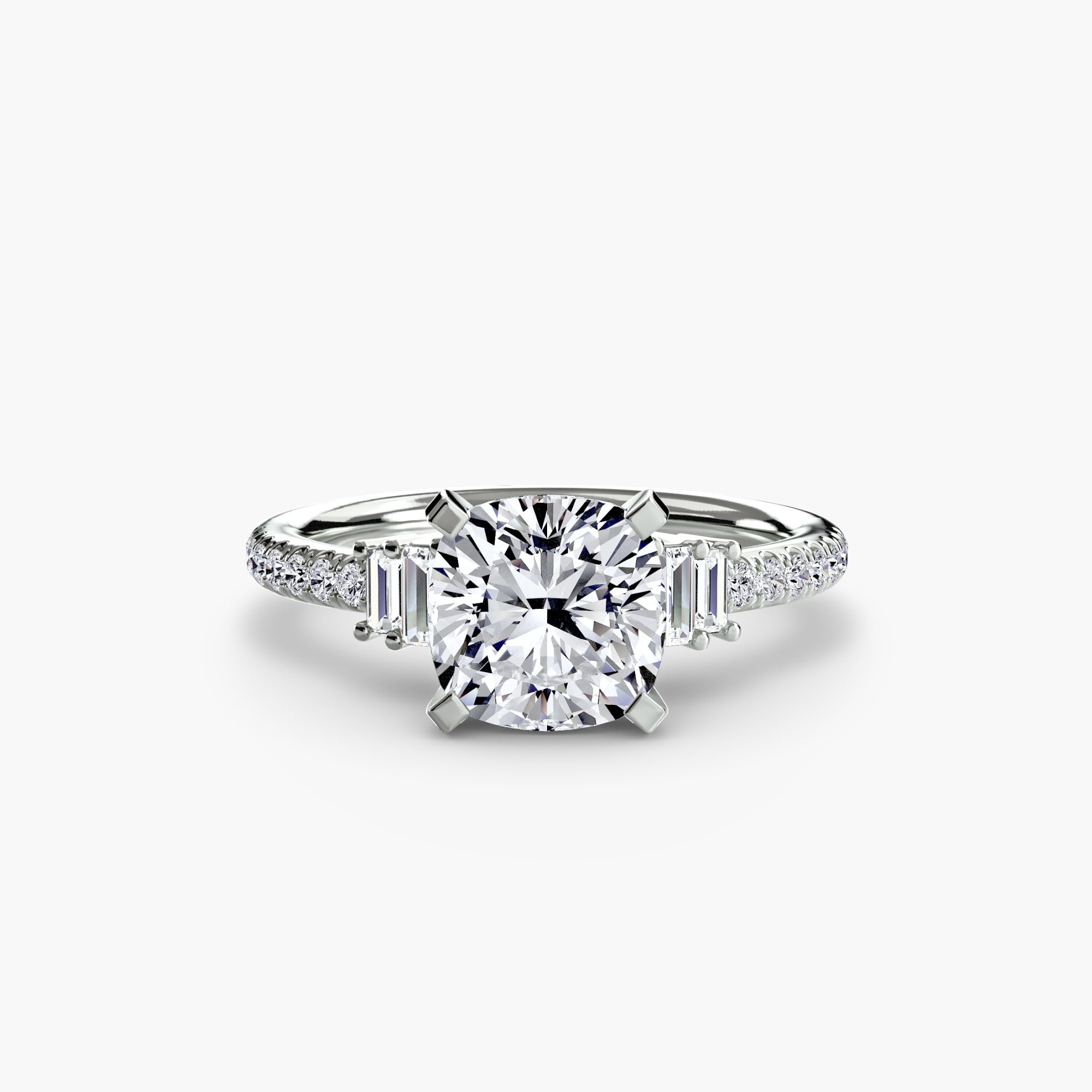 Pavé deco diamond engagement ring with round center stone, vintage art-deco design, geometric detailing, and pavé-set diamond accents.