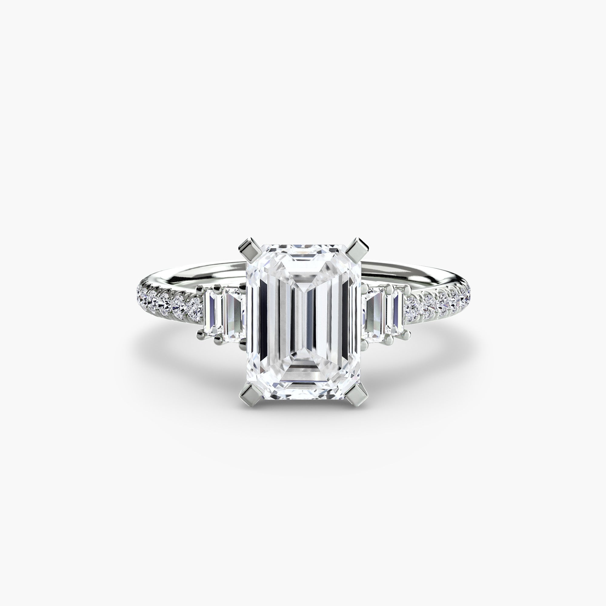 Pavé deco diamond engagement ring with round center stone, vintage art-deco design, geometric detailing, and pavé-set diamond accents.
