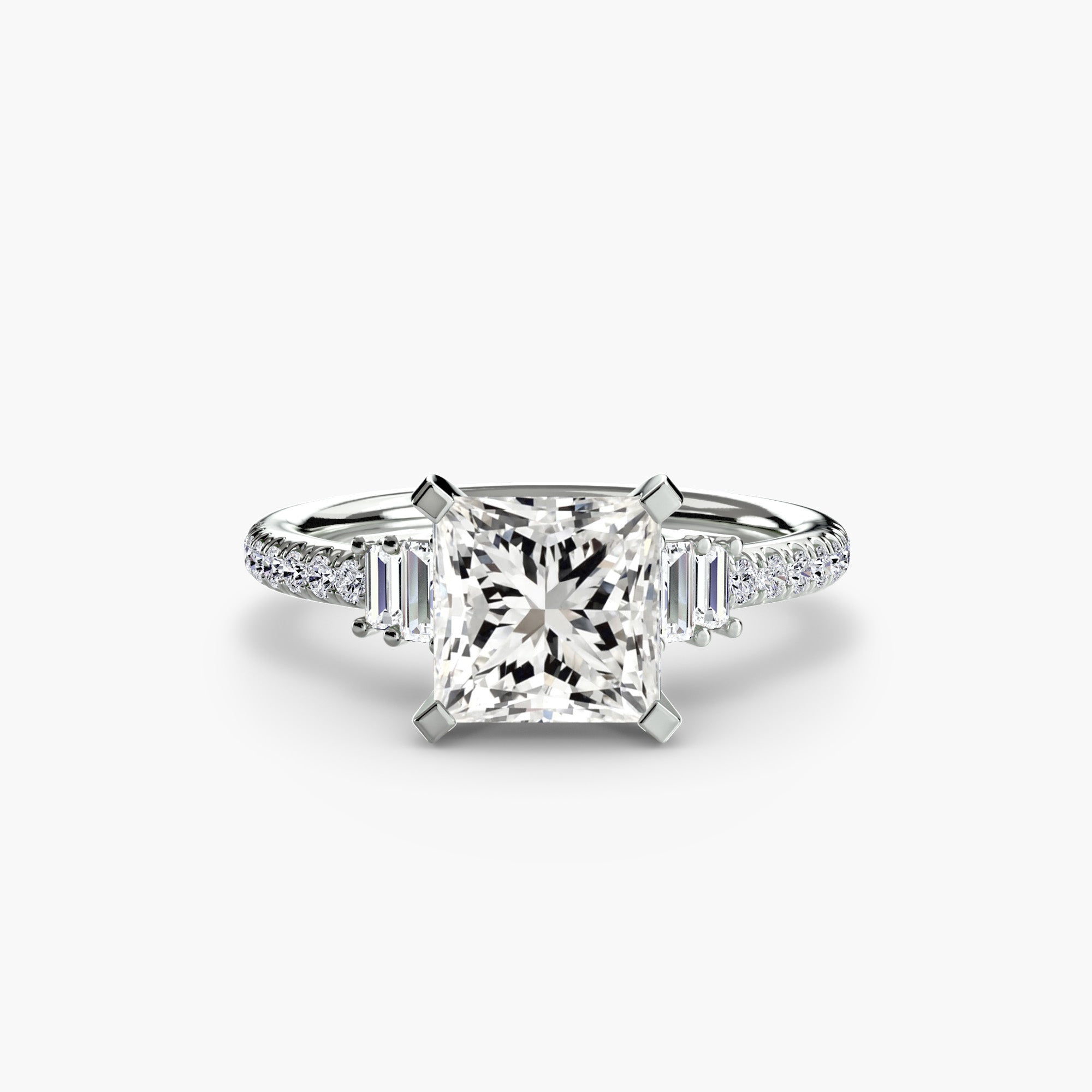 Pavé deco diamond engagement ring with princess center stone, vintage art-deco design, geometric detailing, and pavé-set diamond accents.