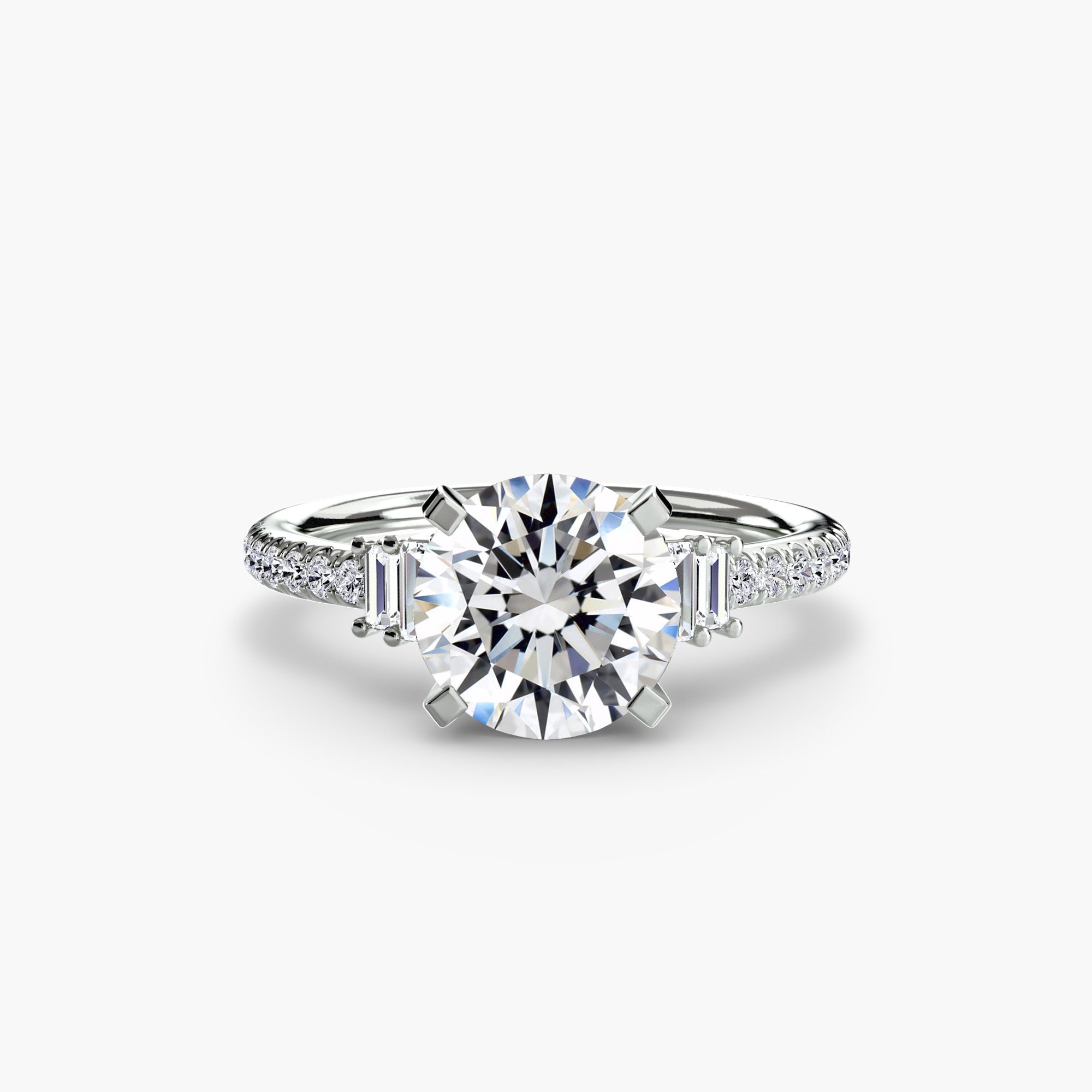 Pavé deco diamond engagement ring with round center stone, vintage art-deco design, geometric detailing, and pavé-set diamond accents.