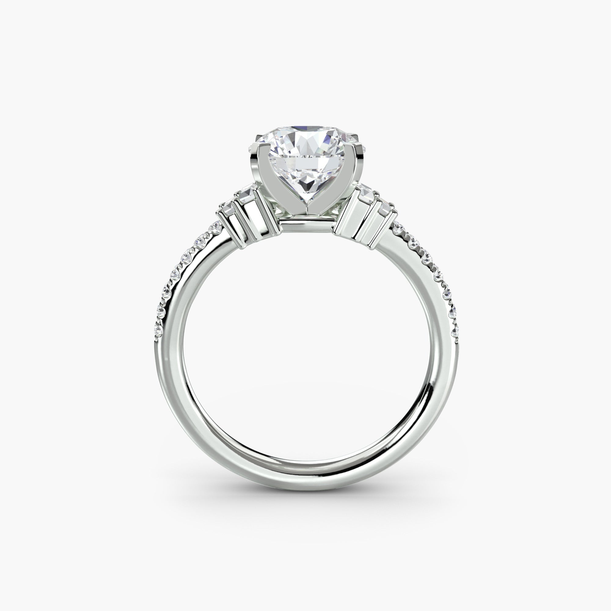 Pavé deco diamond engagement ring with round center stone, vintage art-deco design, geometric detailing, and pavé-set diamond accents.