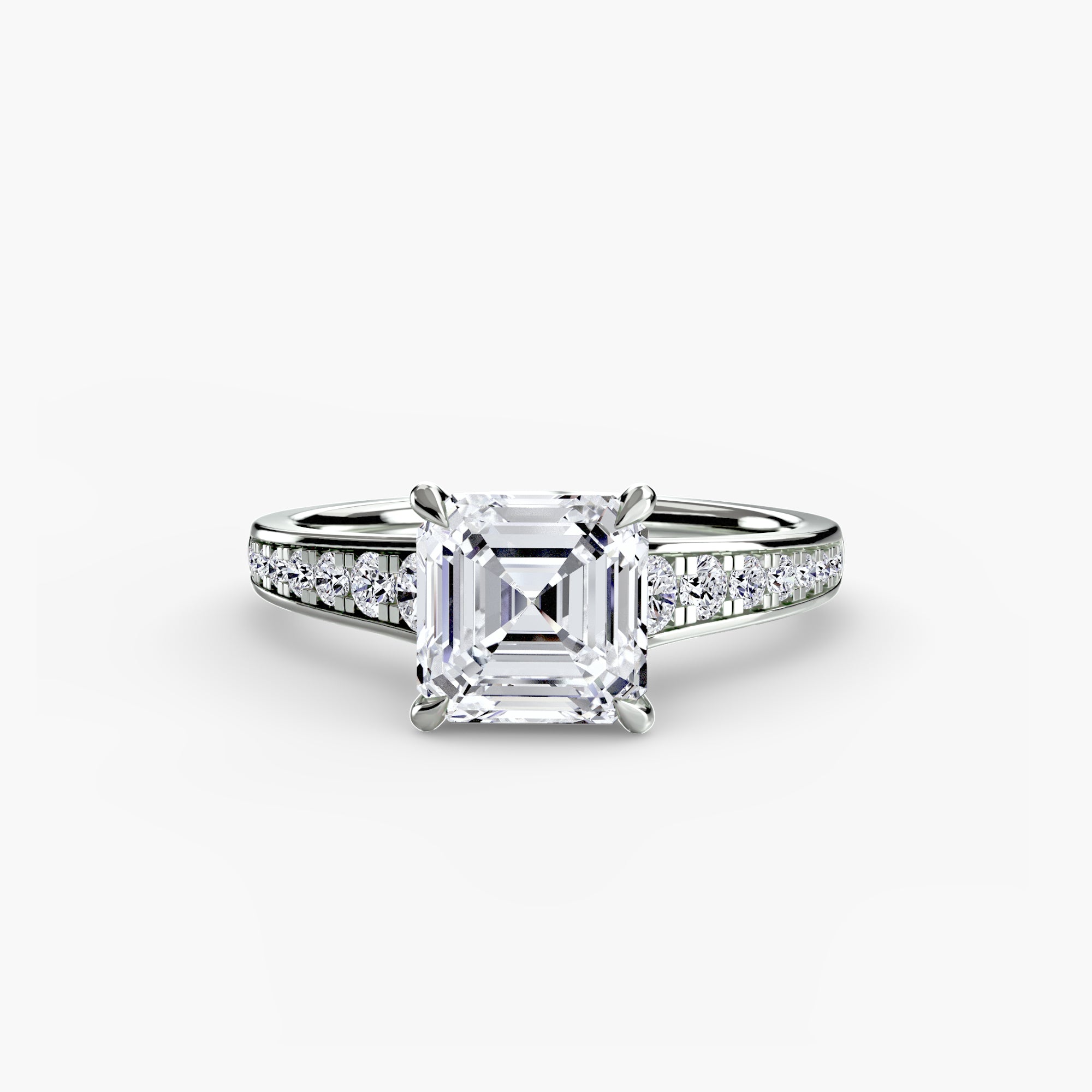 Jacob Mercari 14K White Gold Lab Grown Diamond Engagement Ring: Asscher Cut Centre Stone a Channel Set Pavé band.