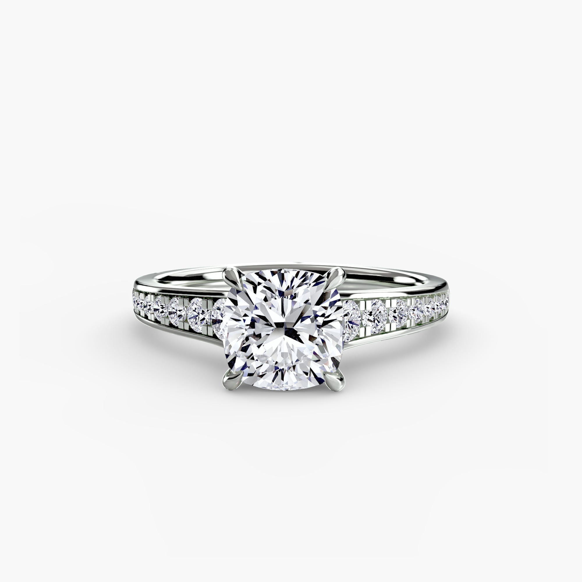 Jacob Mercari 14K White Gold Lab Grown Diamond Engagement Ring: Cushion Cut Centre Stone a Channel Set Pavé band.