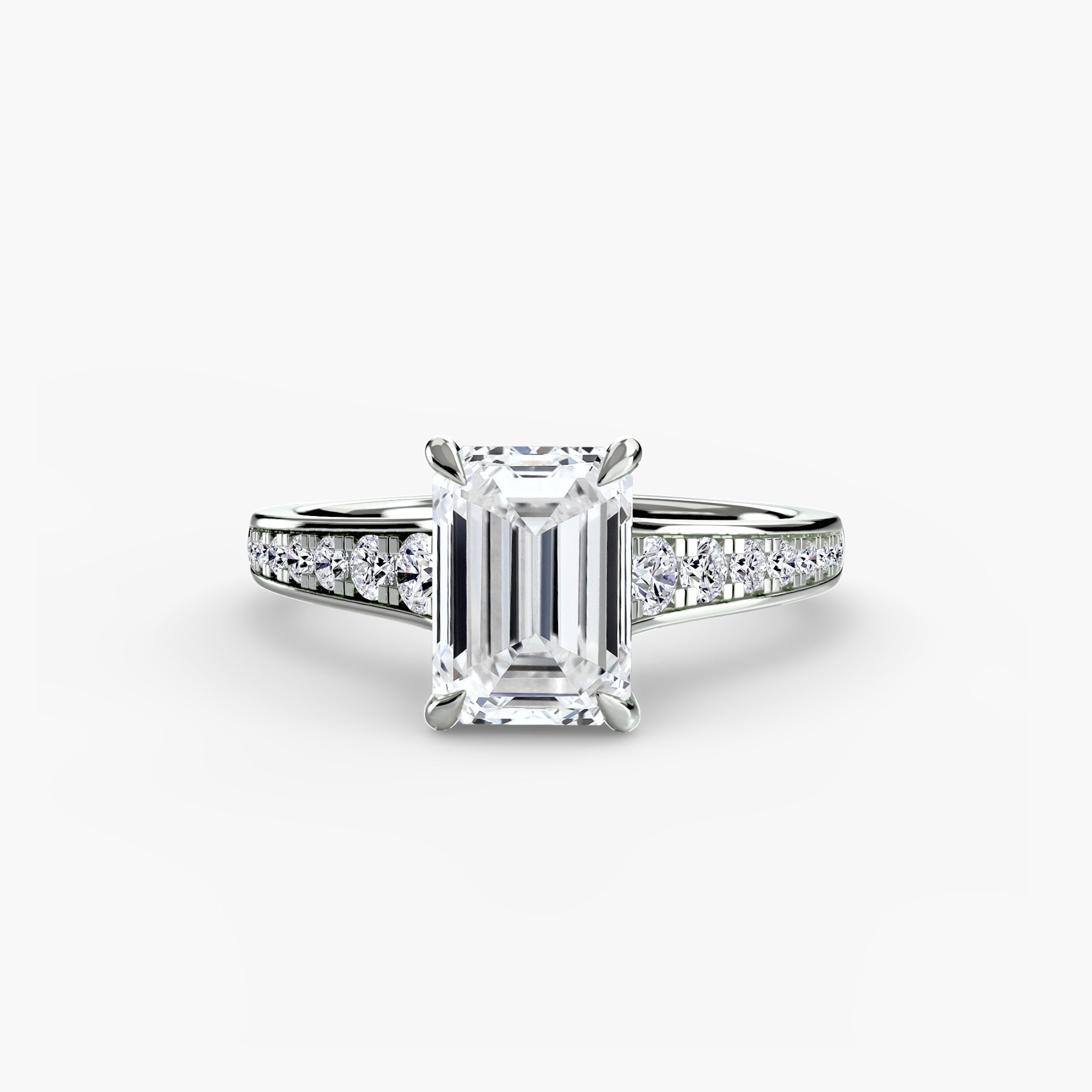 Jacob Mercari 14K White Gold Lab Grown Diamond Engagement Ring: Emerald Cut Centre Stone a Channel Set Pavé band.
