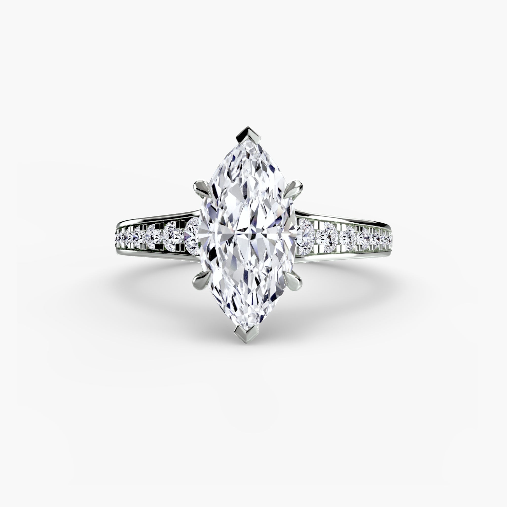 Jacob Mercari 14K White Gold Lab Grown Diamond Engagement Ring: Marquise Cut Centre Stone a Channel Set Pavé band.