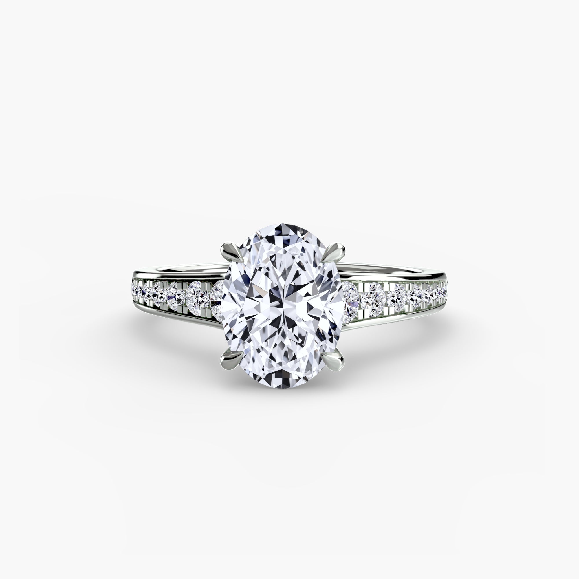 Jacob Mercari 14K White Gold Lab Grown Diamond Engagement Ring: Oval Cut Centre Stone a Channel Set Pavé band.