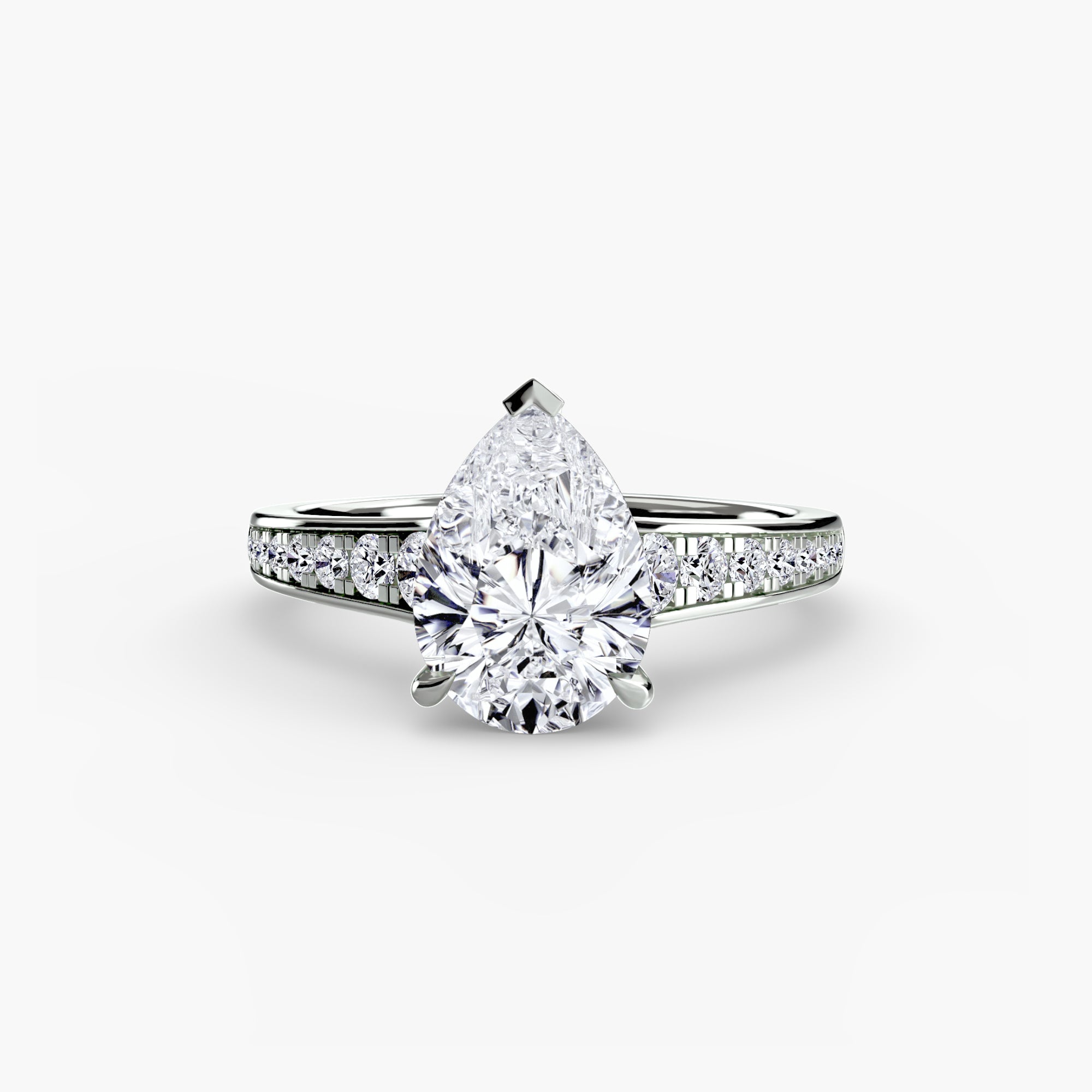Jacob Mercari 14K White Gold Lab Grown Diamond Engagement Ring: Pear Cut Centre Stone a Channel Set Pavé band.