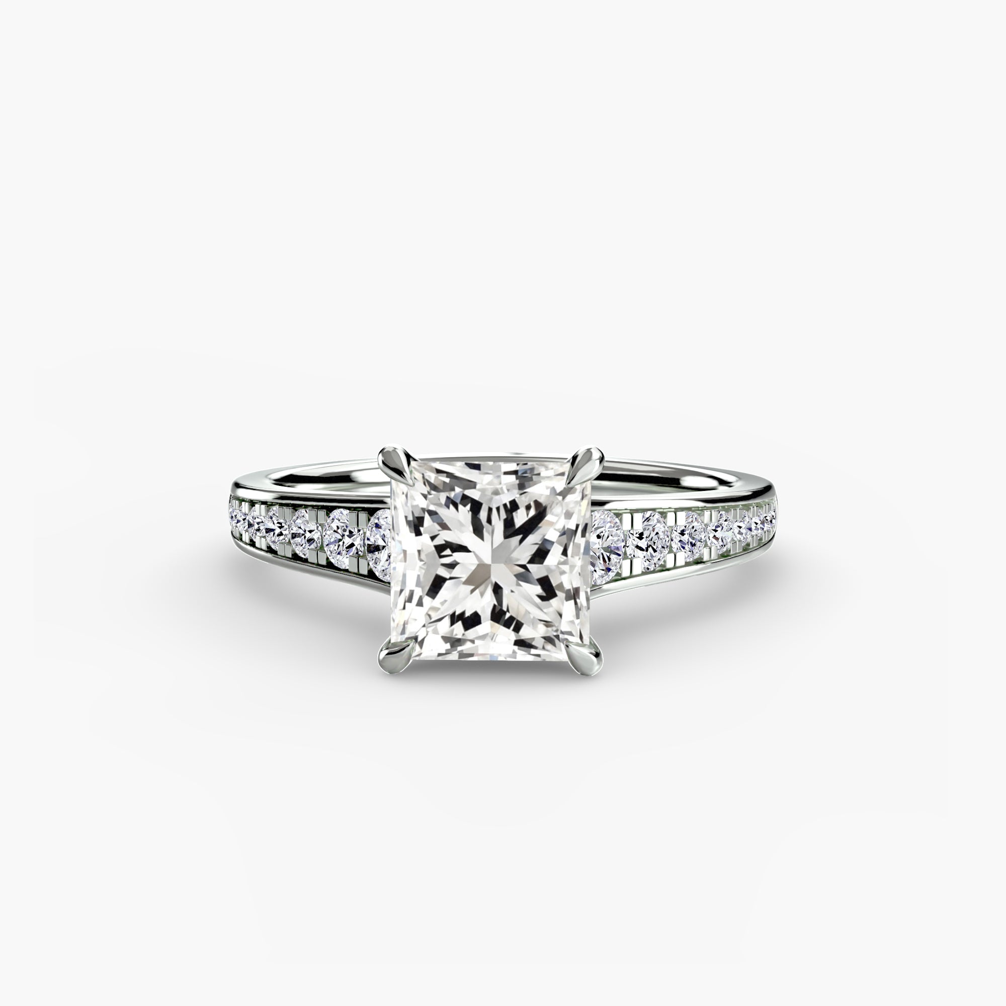 Jacob Mercari 14K White Gold Lab Grown Diamond Engagement Ring: Princess Cut Centre Stone a Channel Set Pavé band.