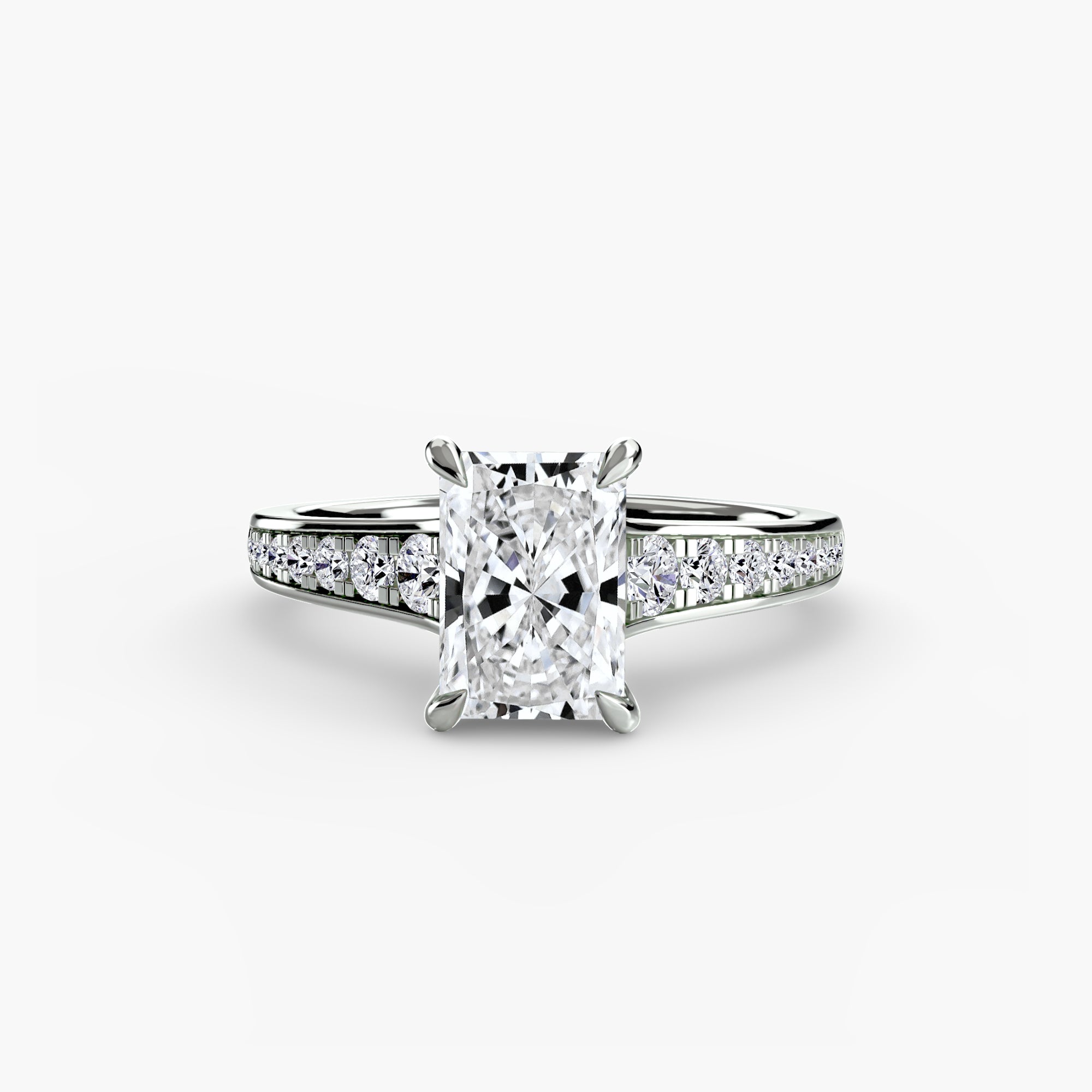 Jacob Mercari 14K White Gold Lab Grown Diamond Engagement Ring: Radiant Cut Centre Stone a Channel Set Pavé band.