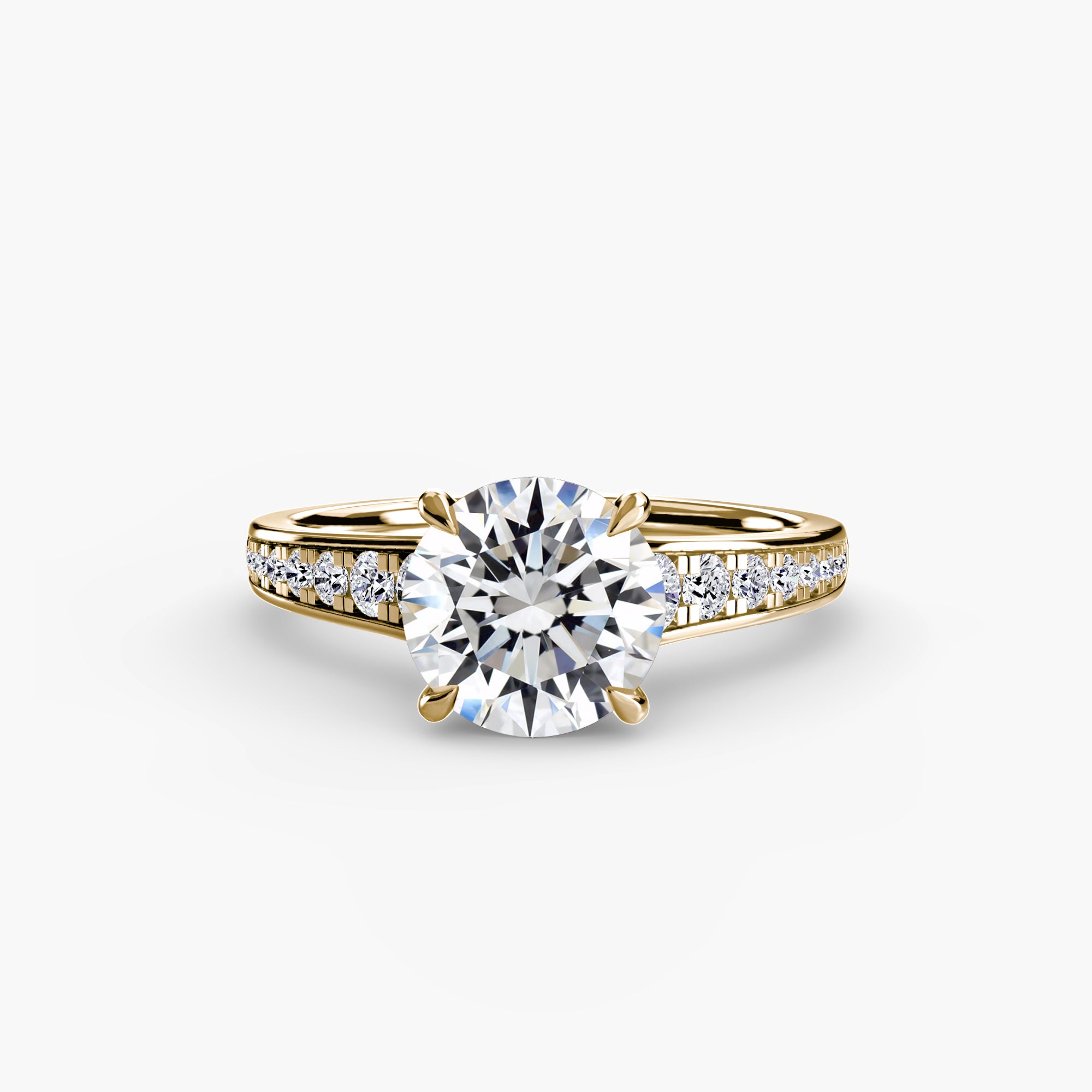 Jacob Mercari 14K Yellow Gold Lab Grown Diamond Engagement Ring: Round Cut Centre Stone a Channel Set Pavé band.