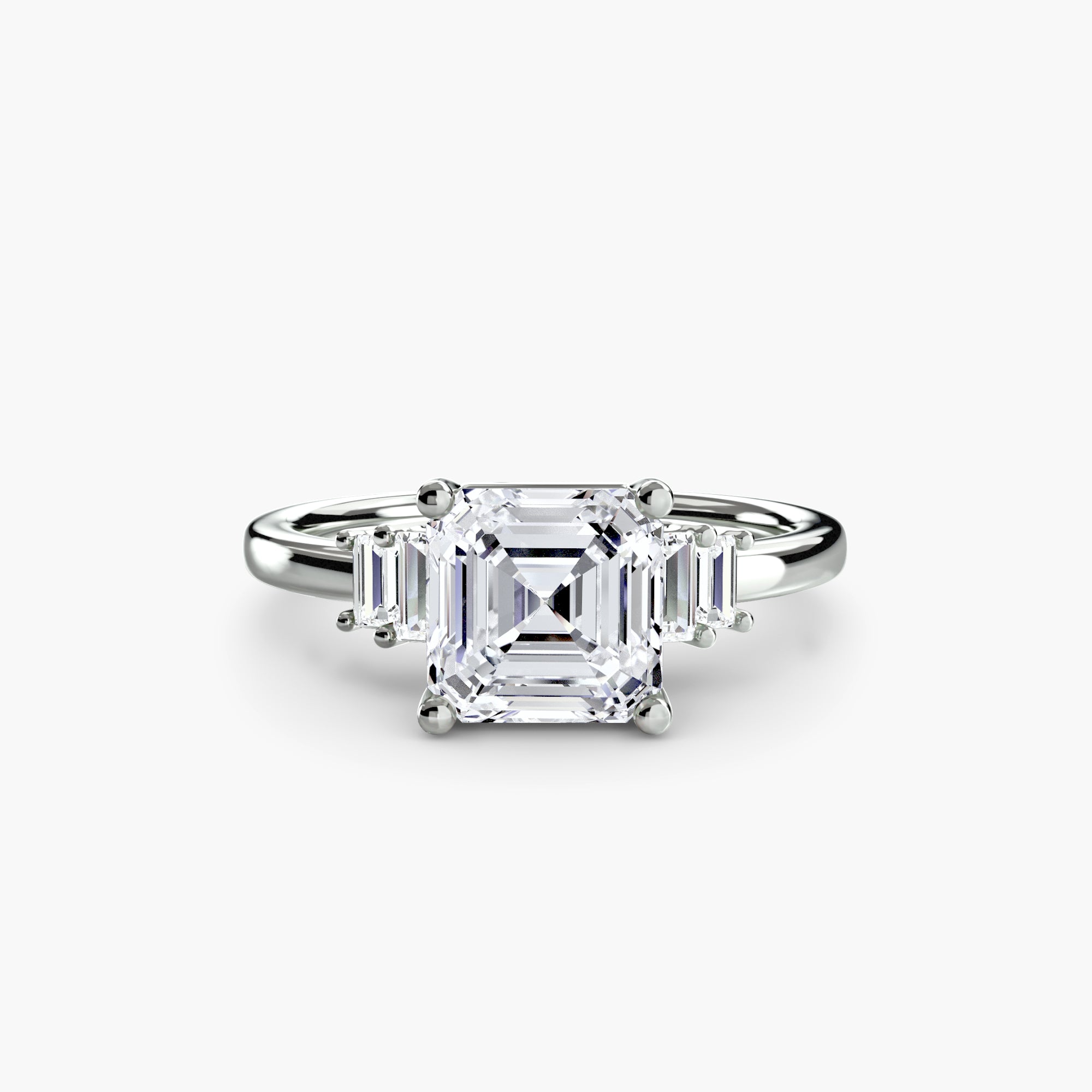 Jacob Mercari 14K White Gold Lab Grown Diamond Engagement Ring: Asscher Cut Centre Diamond with baguette side diamonds.