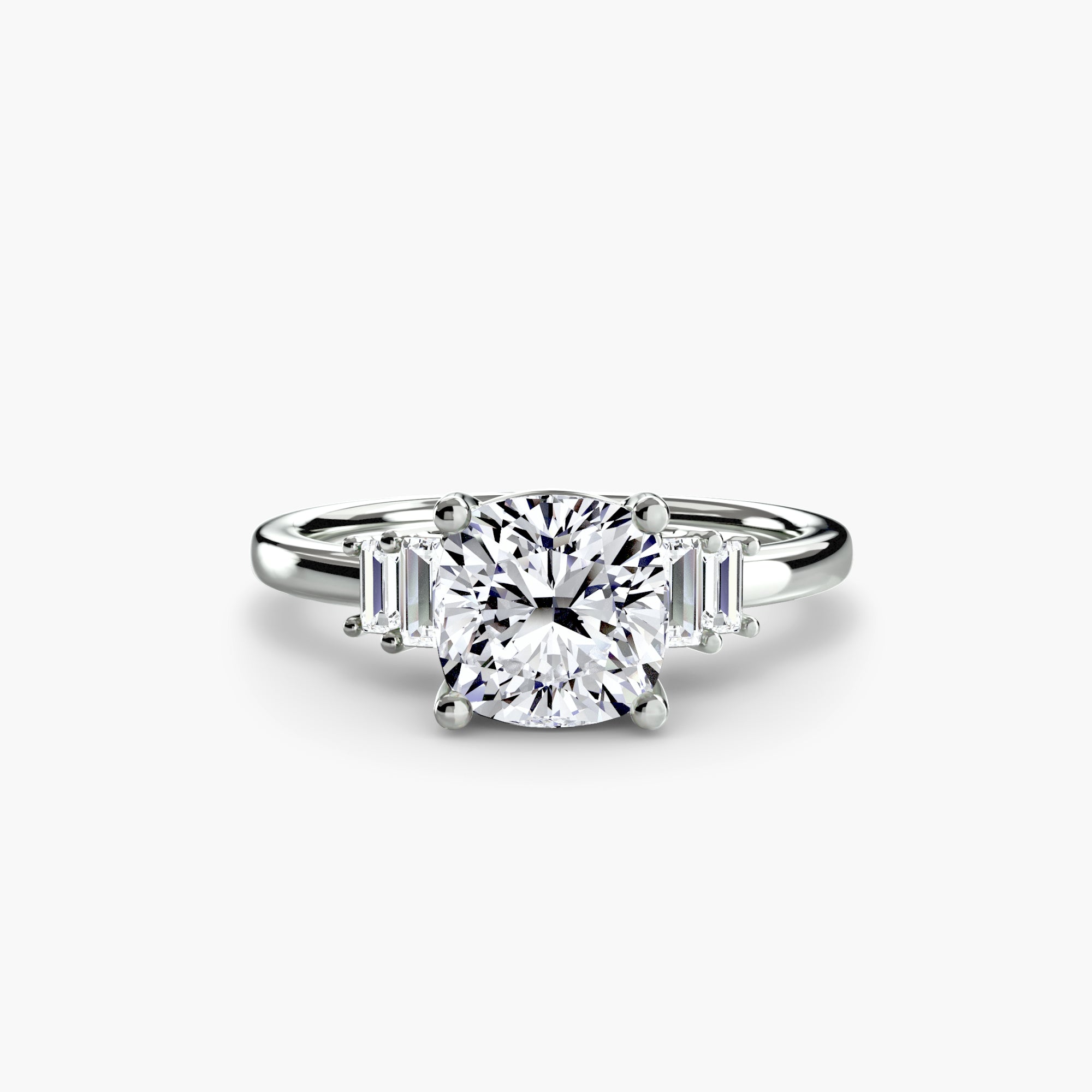 Jacob Mercari 14K White Gold Lab Grown Diamond Engagement Ring: Cushion Cut Centre Diamond with baguette side diamonds.