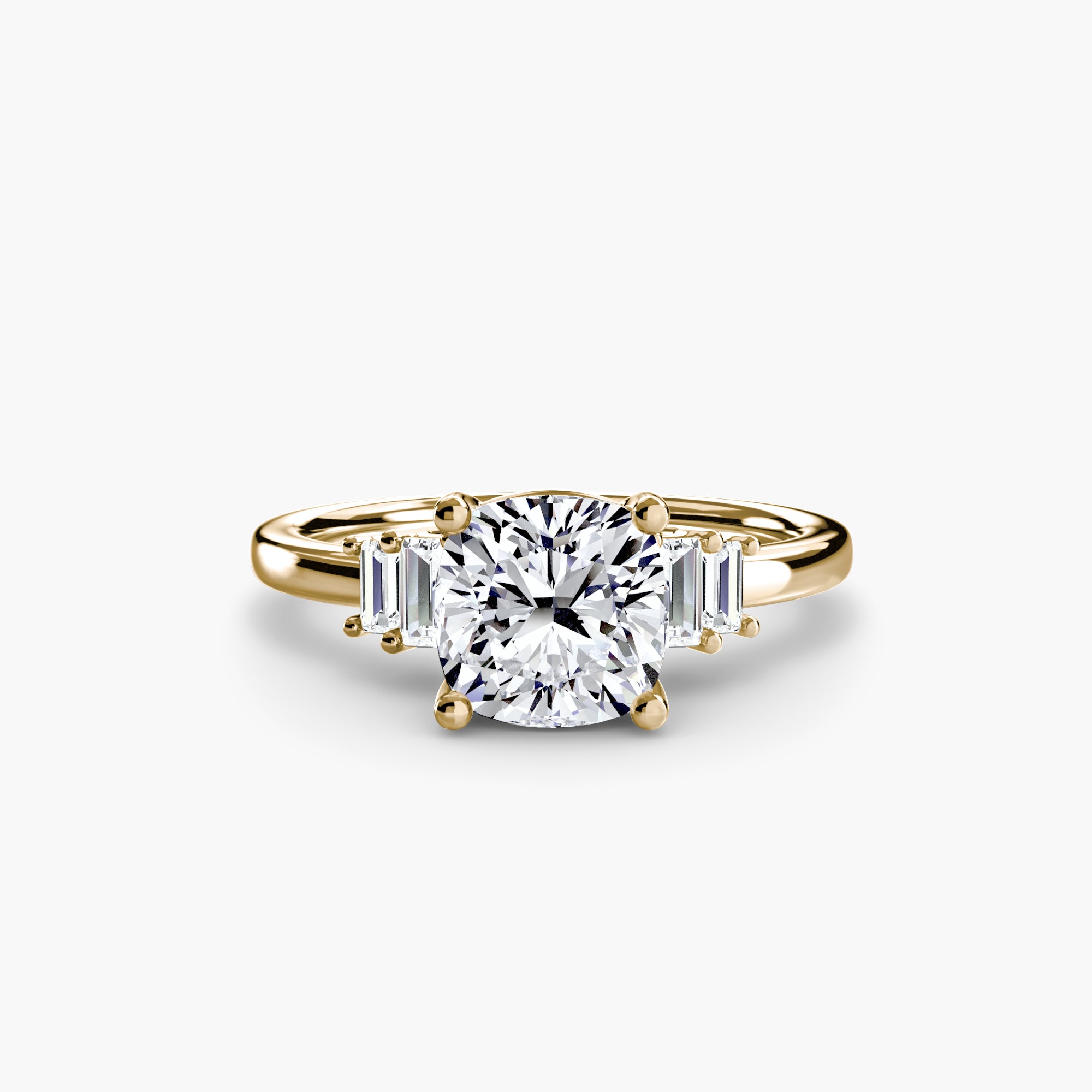Jacob Mercari 14K Yellow Gold Lab Grown Diamond Engagement Ring: Cushion Cut Centre Diamond with baguette side diamonds.