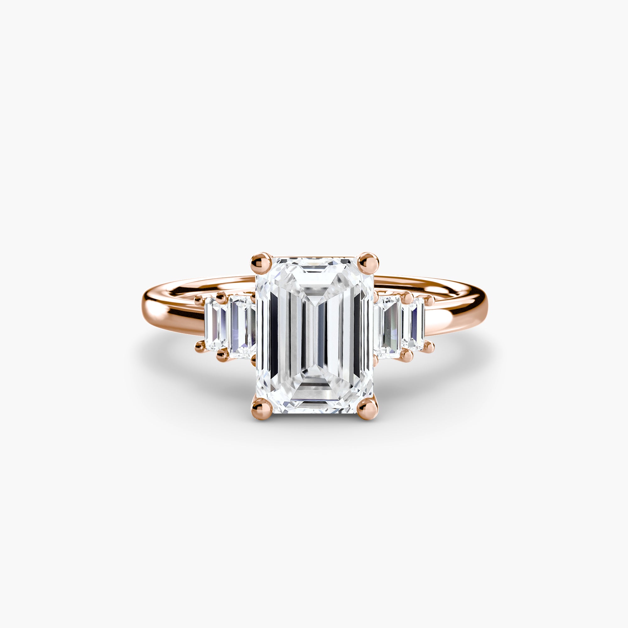 Jacob Mercari 14K Rose Gold Lab Grown Diamond Engagement Ring: Emerald Cut Centre Diamond with baguette side diamonds.