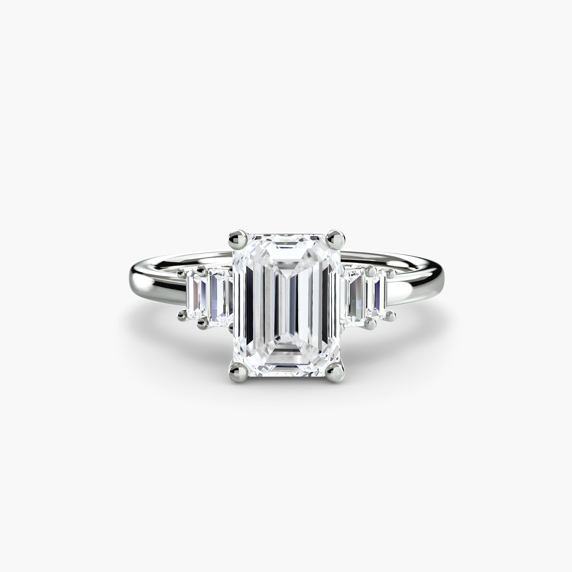 Jacob Mercari 14K White Gold Lab Grown Diamond Engagement Ring: Emerald Cut Centre Diamond with baguette side diamonds.